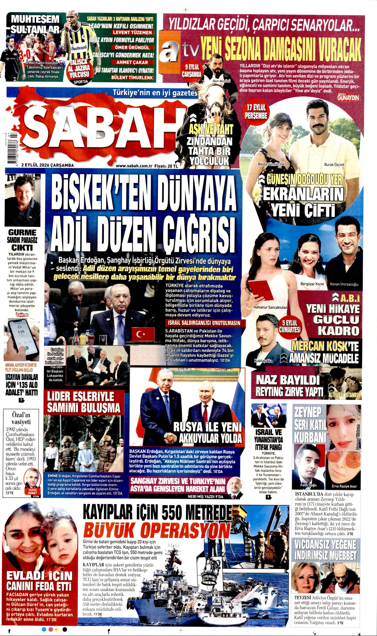 SABAH gazetesinin 2 Eylül 2026 tarihli birinci sayfası