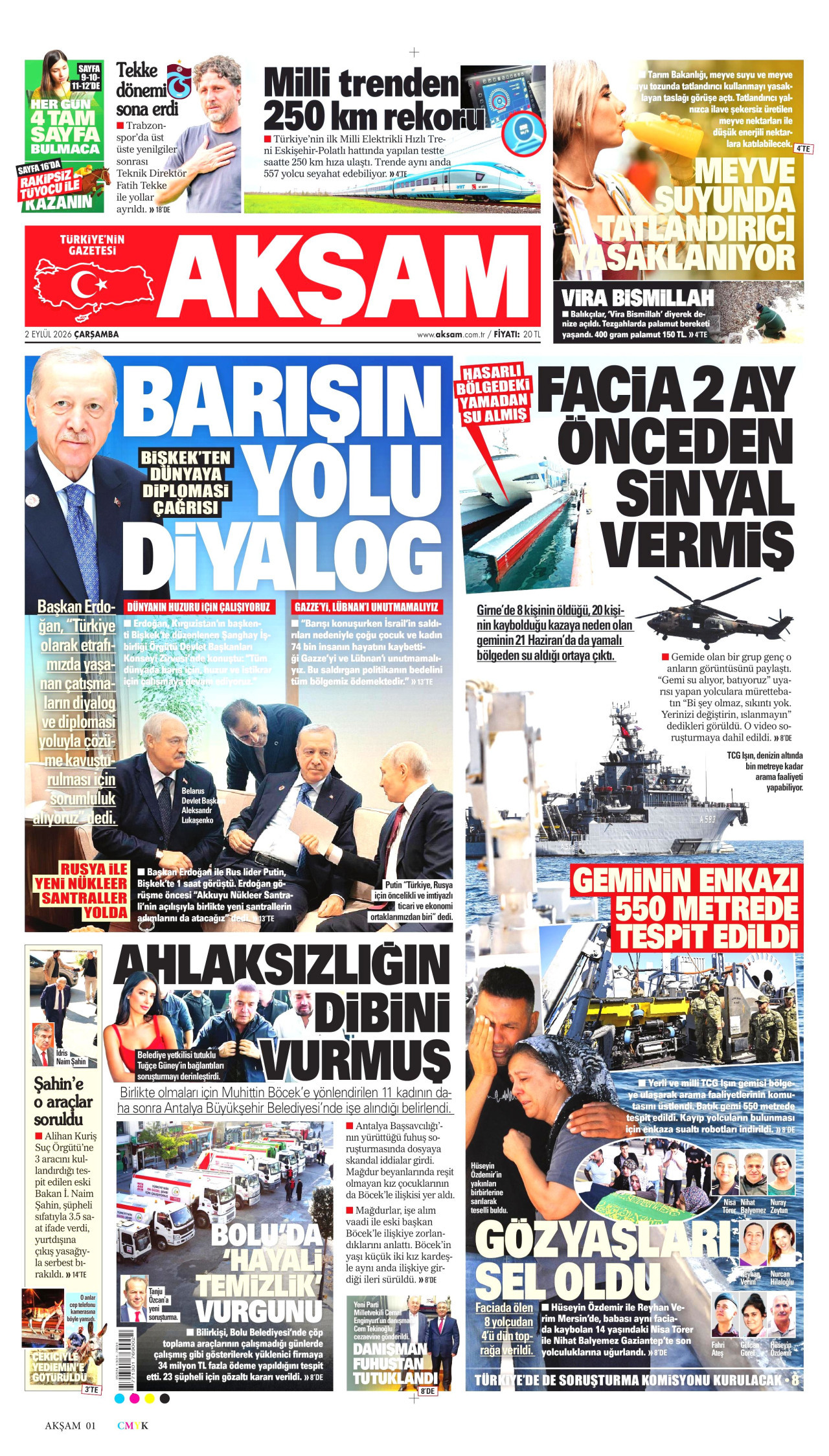 AKŞAM gazetesinin 2 Eylül 2026 tarihli birinci sayfası