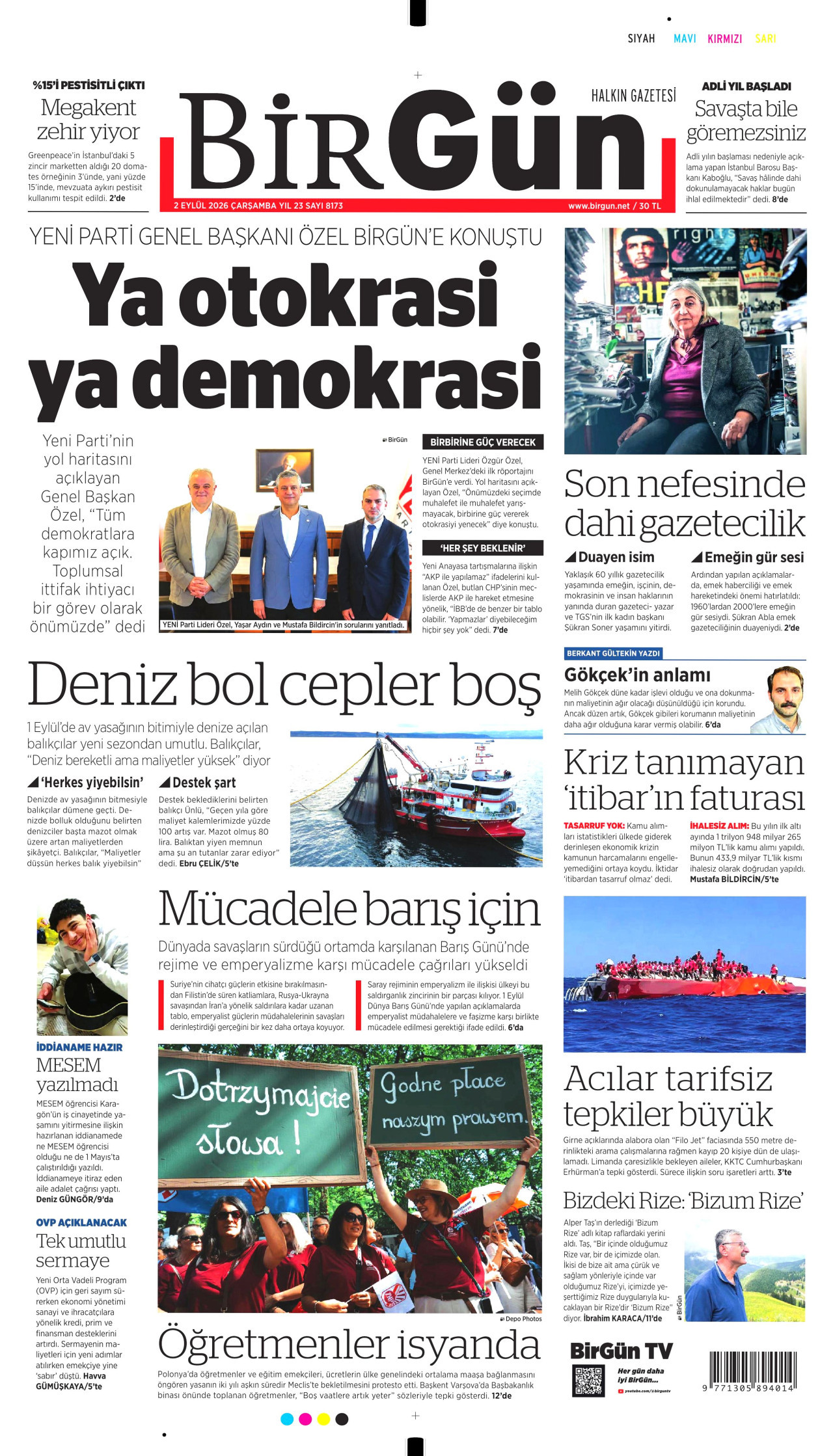 BİRGÜN gazetesinin 2 Eylül 2026 tarihli birinci sayfası