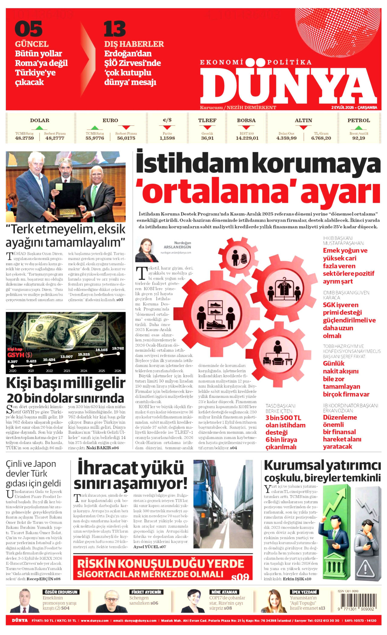 DÜNYA gazetesinin 2 Eylül 2026 tarihli birinci sayfası