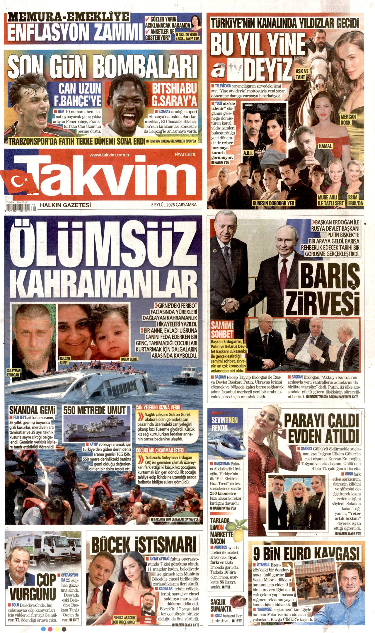 TAKVİM gazetesinin 2 Eylül 2026 tarihli birinci sayfası