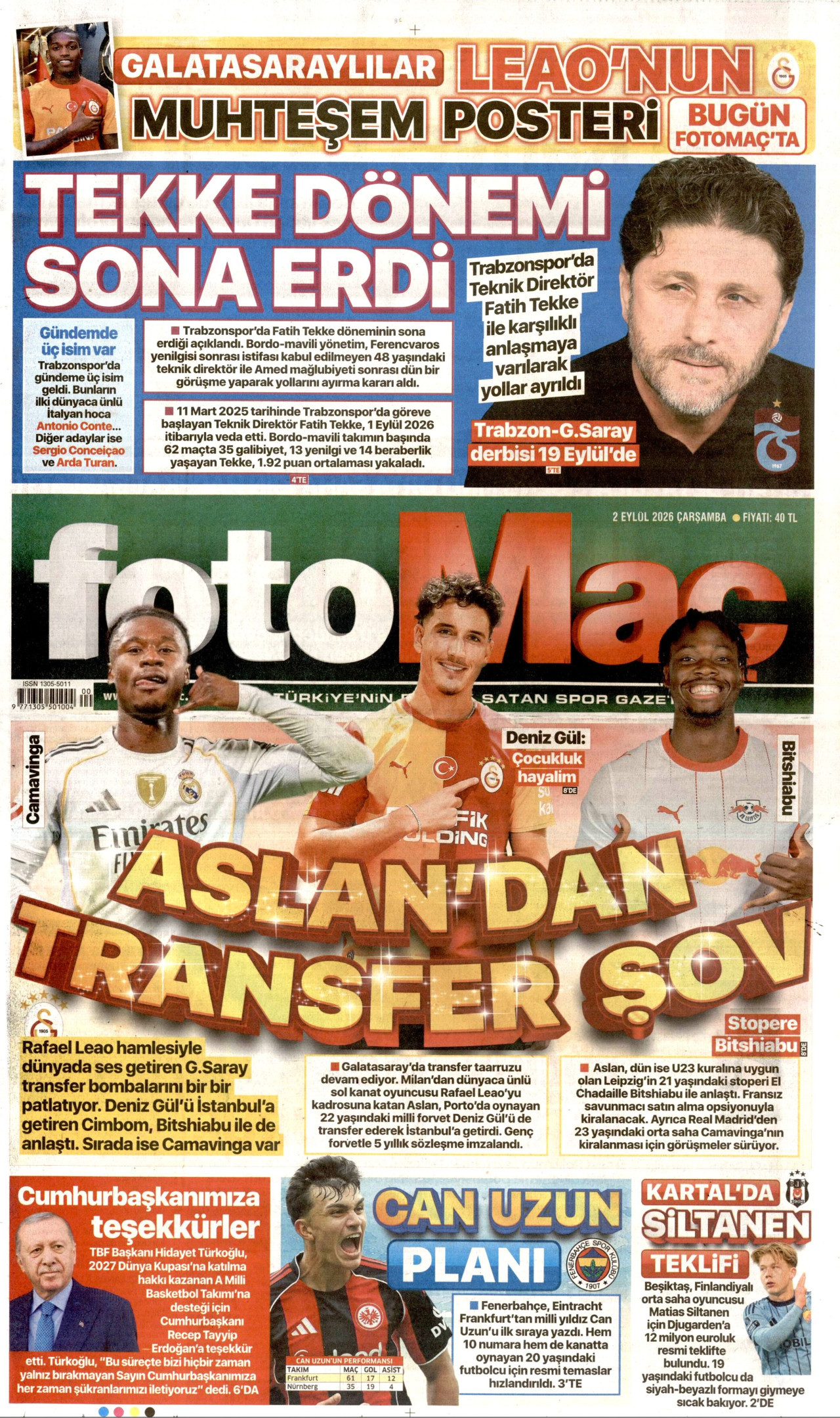 FOTOMAÇ gazetesinin 2 Eylül 2026 tarihli birinci sayfası