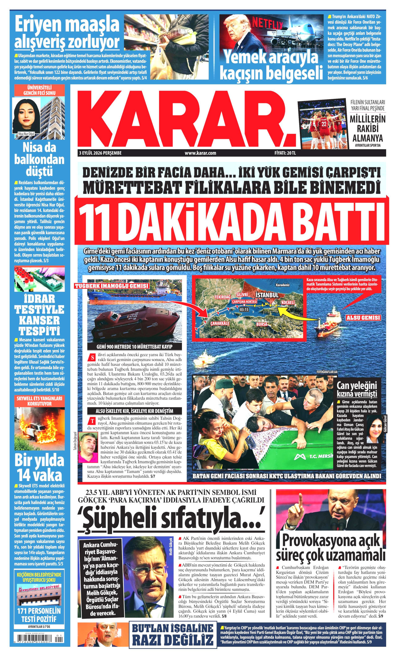 KARAR gazetesinin 3 Eylül 2026 tarihli birinci sayfası