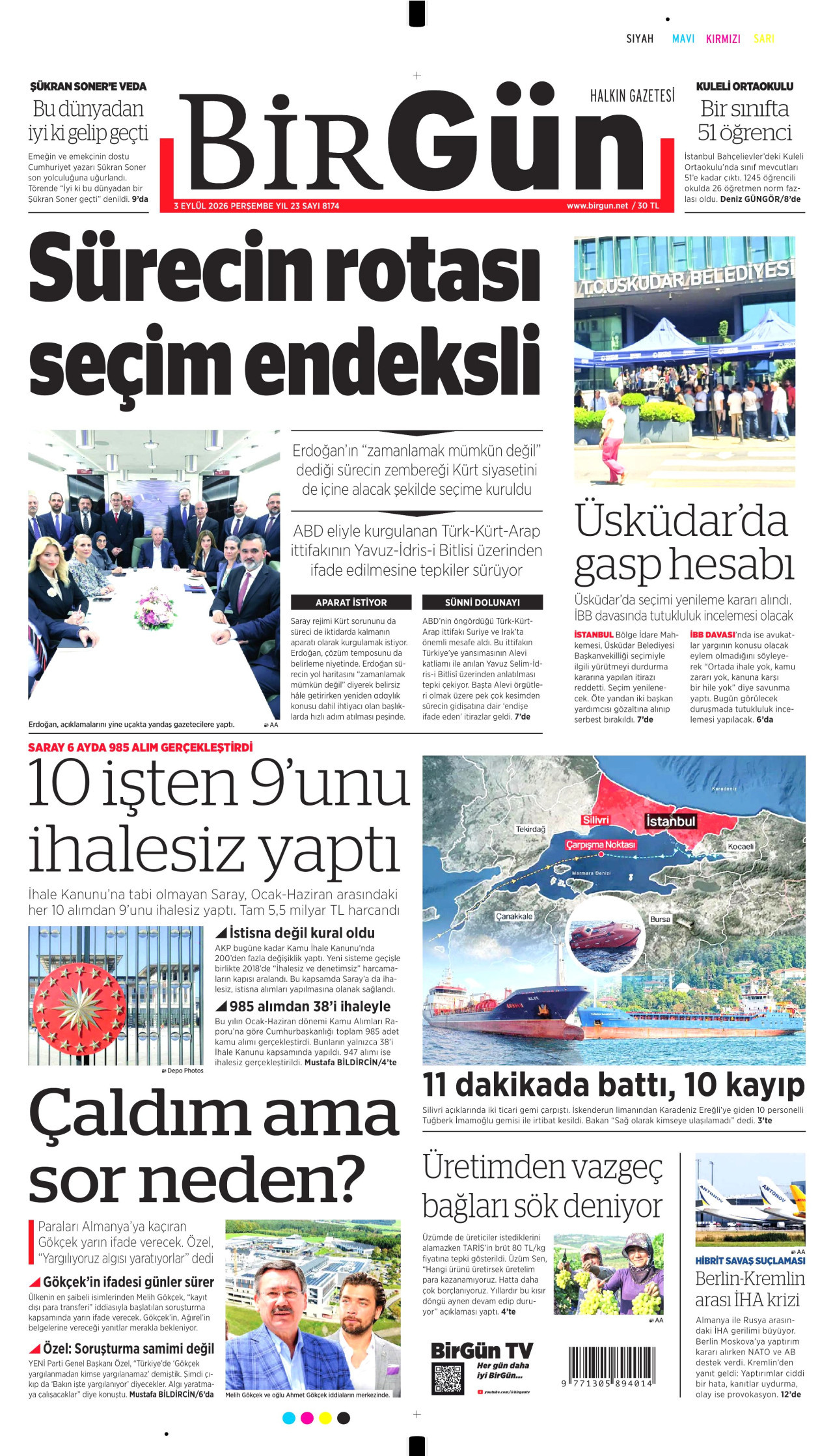 BİRGÜN gazetesinin 3 Eylül 2026 tarihli birinci sayfası