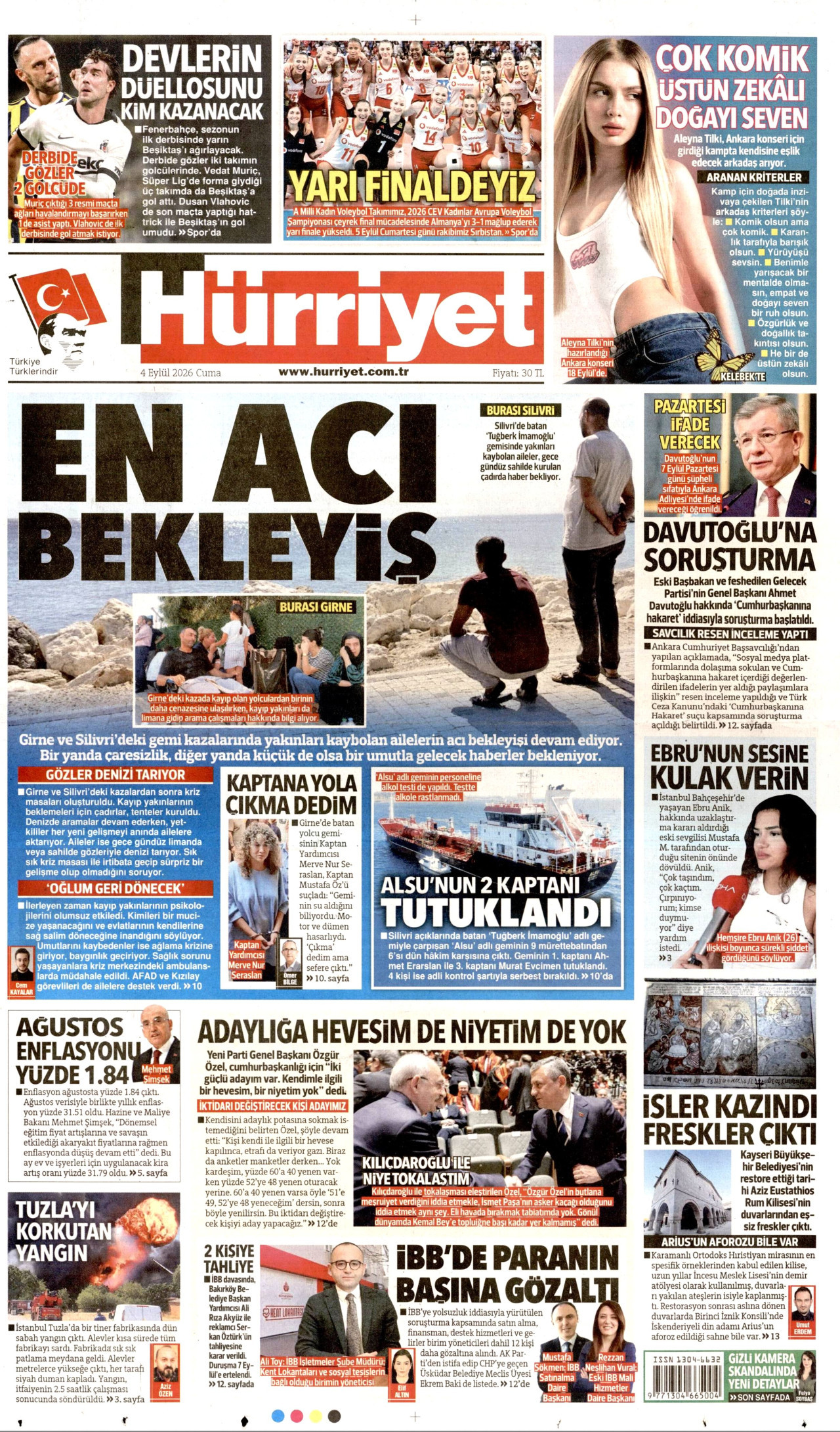 HÜRRİYET gazetesinin 4 Eylül 2026 tarihli birinci sayfası