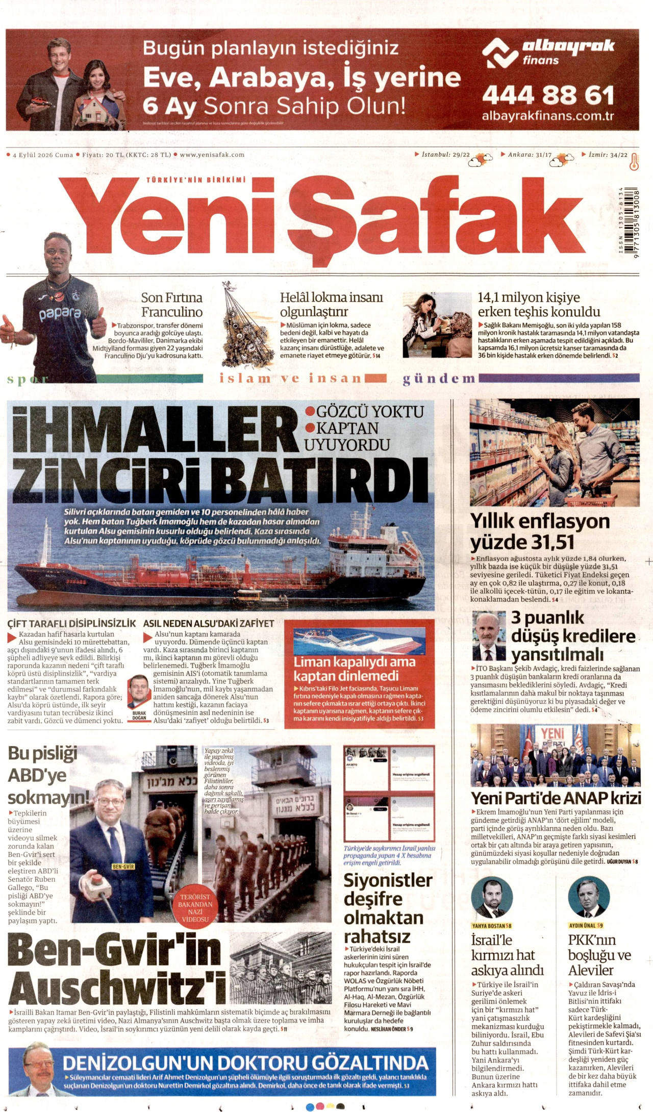 YENİ ŞAFAK gazetesinin 4 Eylül 2026 tarihli birinci sayfası