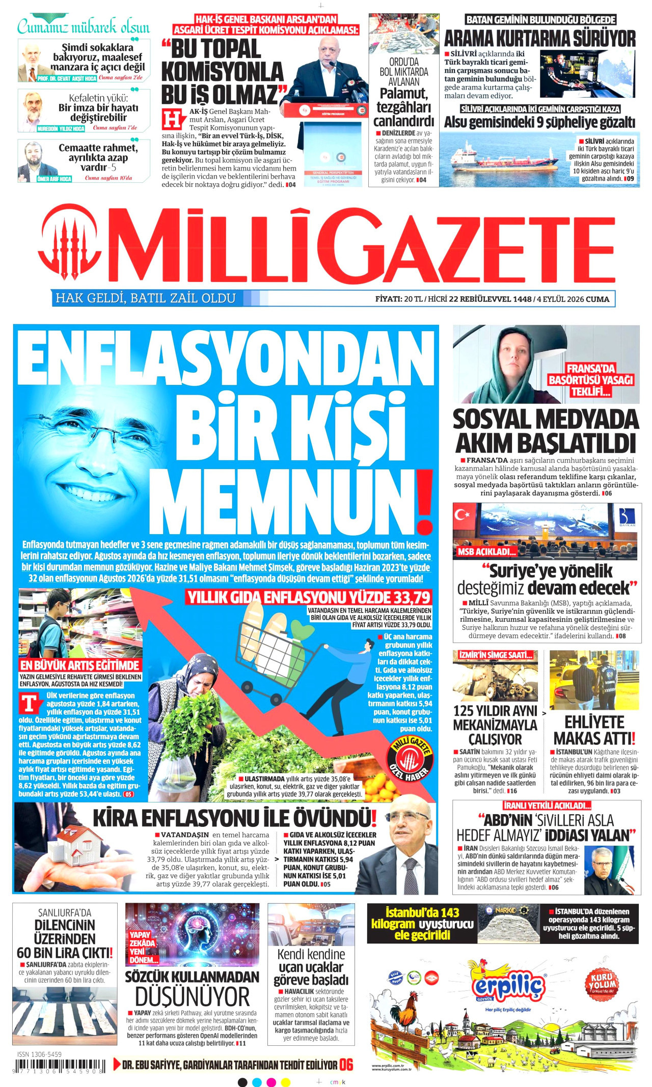 MİLLİ GAZETE gazetesinin 4 Eylül 2026 tarihli birinci sayfası