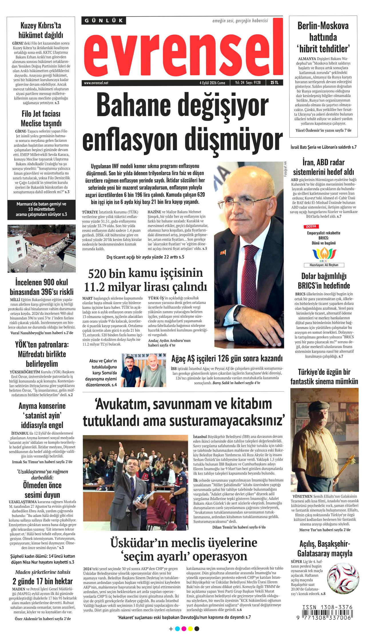 EVRENSEL gazetesinin 4 Eylül 2026 tarihli birinci sayfası