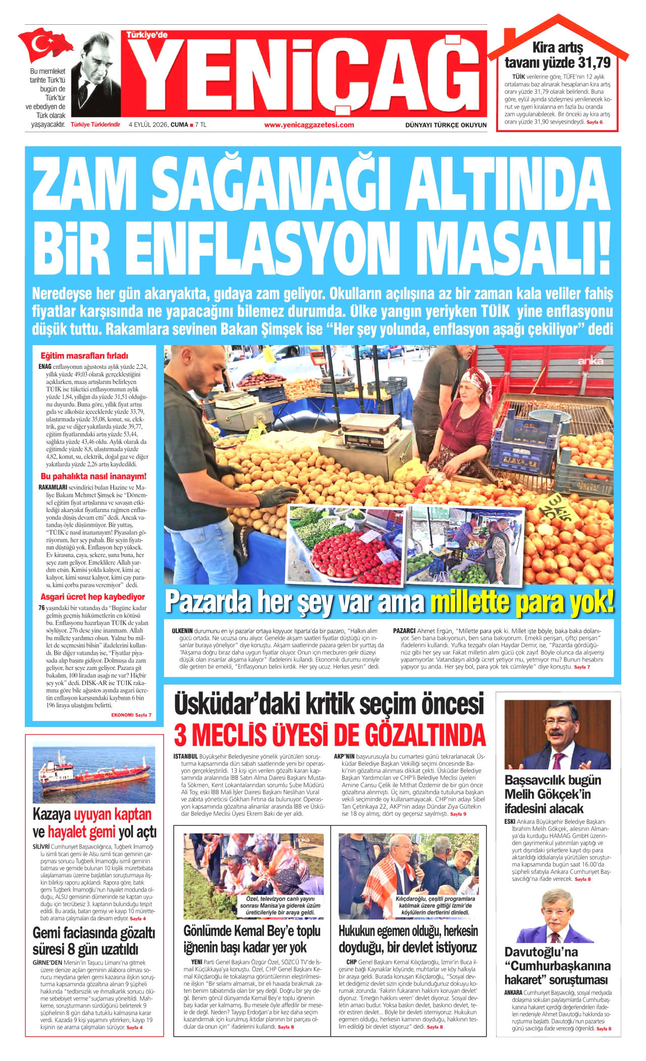 YENİÇAĞ gazetesinin 4 Eylül 2026 tarihli birinci sayfası