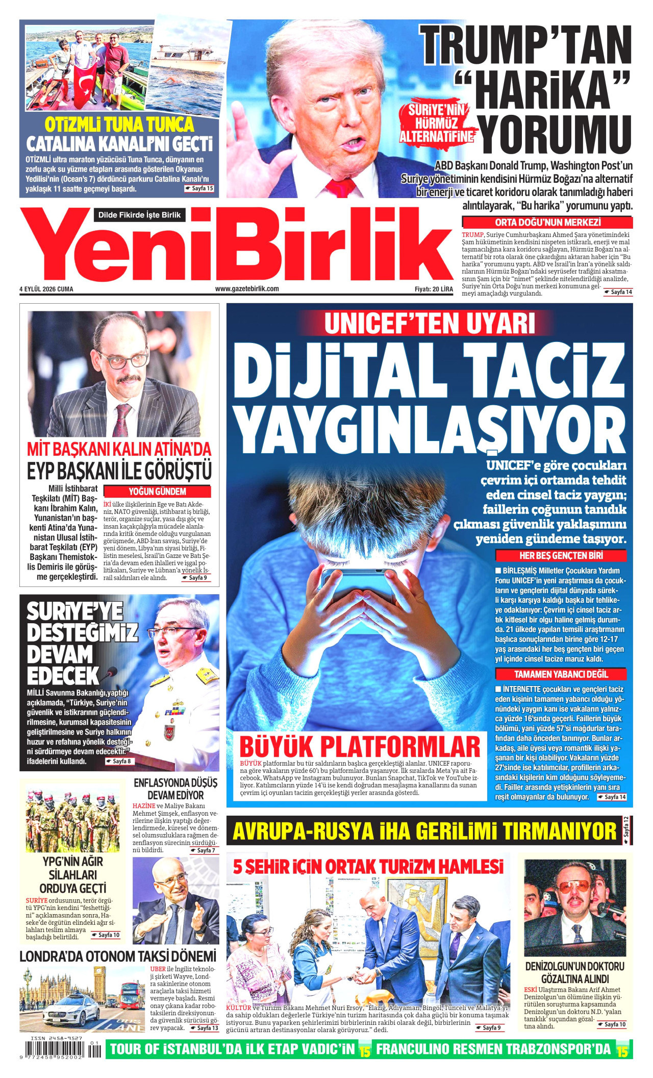 YENİBİRLİK gazetesinin 4 Eylül 2026 tarihli birinci sayfası