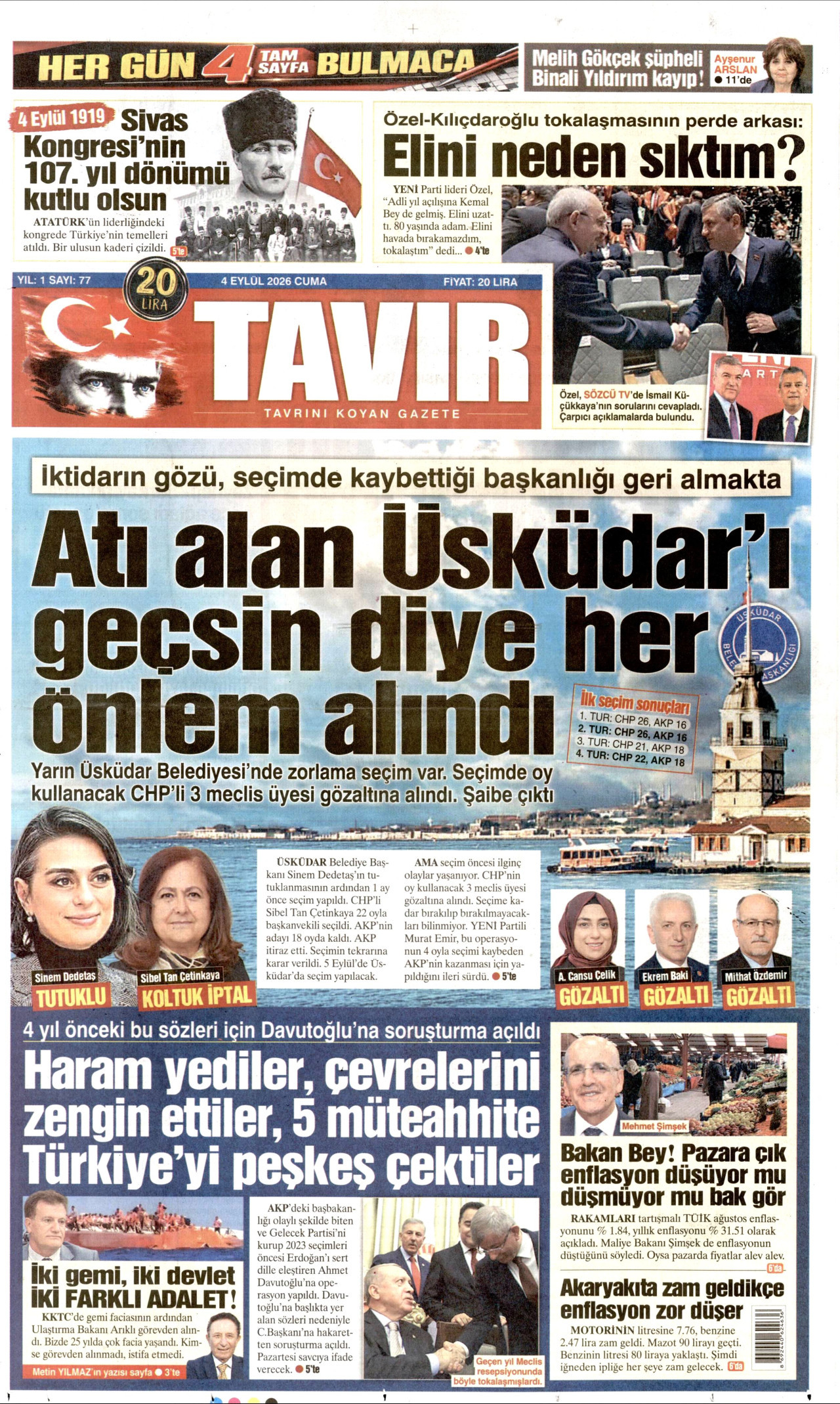 TAVIR GAZETESİ gazetesinin 4 Eylül 2026 tarihli birinci sayfası