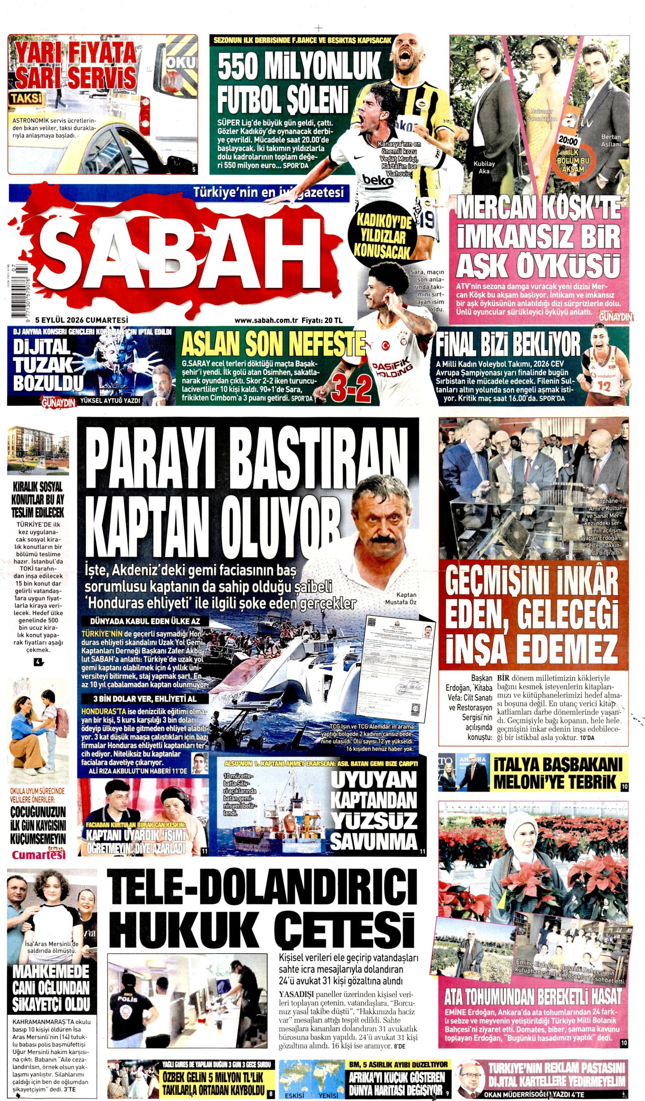 SABAH gazetesinin 5 Eylül 2026 tarihli birinci sayfası