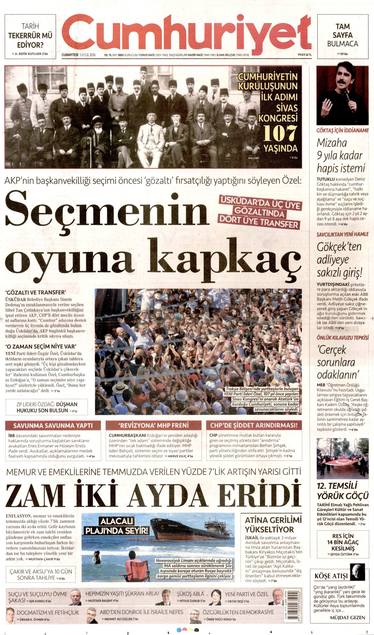 CUMHURİYET gazetesinin 5 Eylül 2026 tarihli birinci sayfası