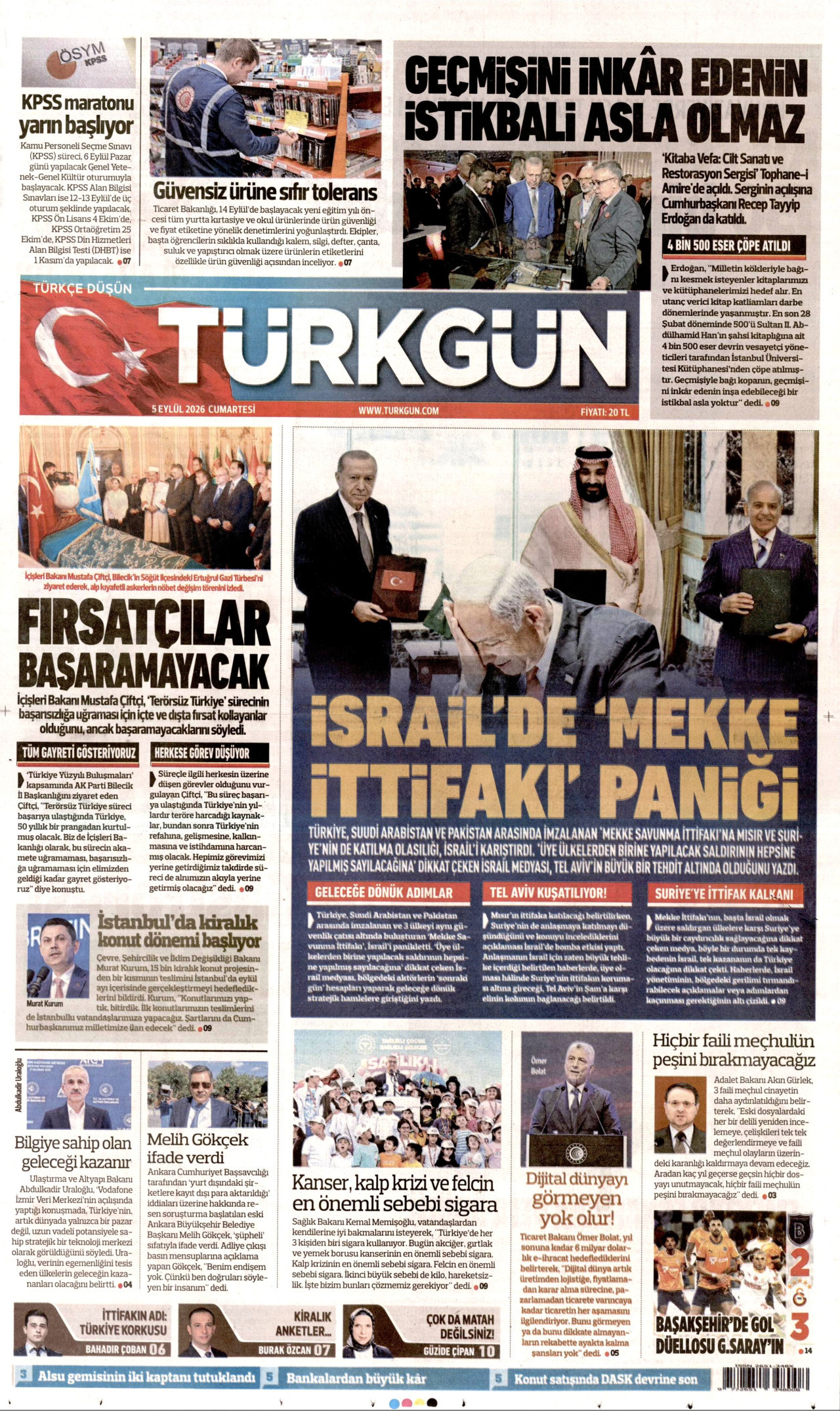 TÜRKGÜN gazetesinin 5 Eylül 2026 tarihli birinci sayfası