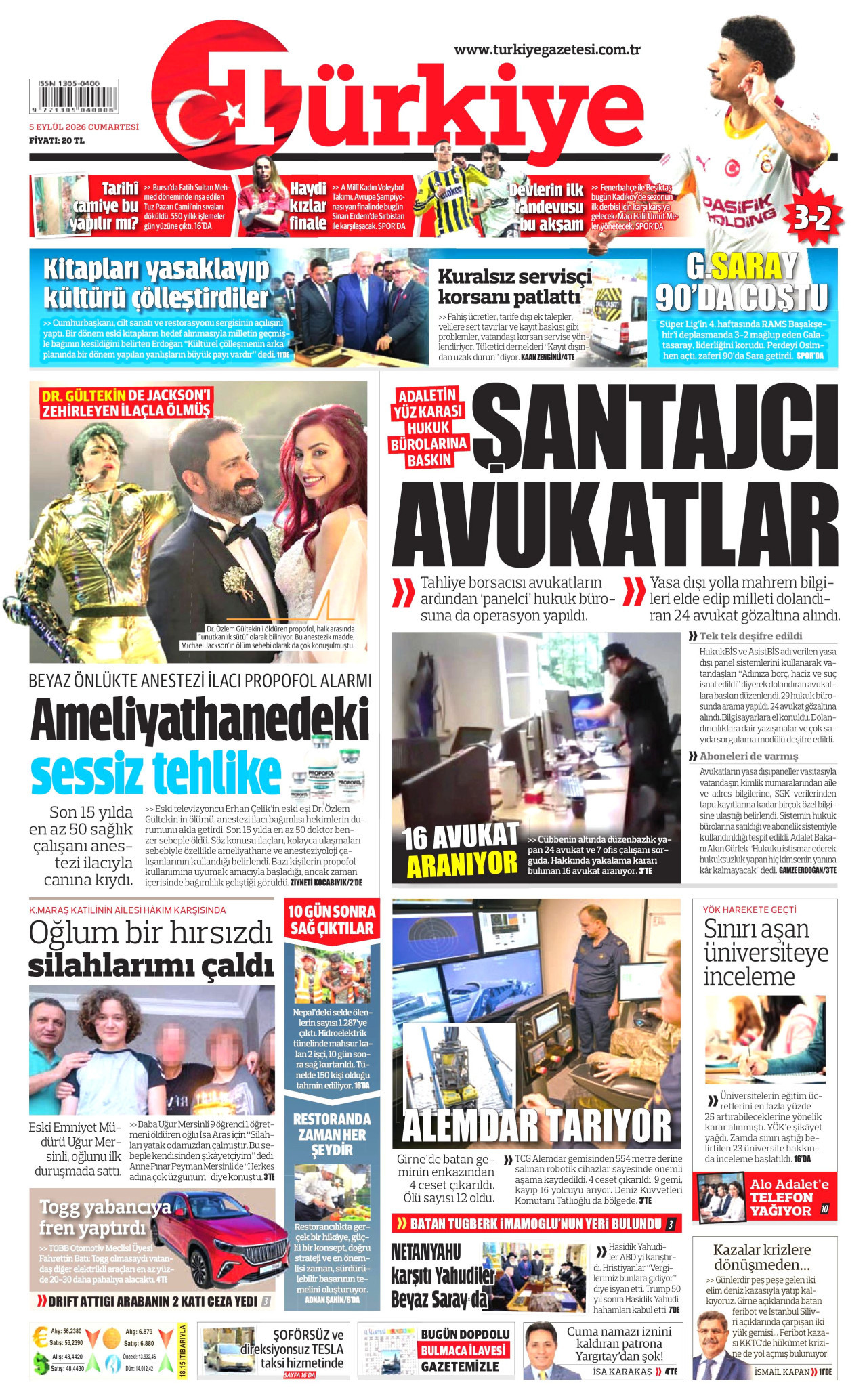 TÜRKİYE GAZETESİ gazetesinin 5 Eylül 2026 tarihli birinci sayfası