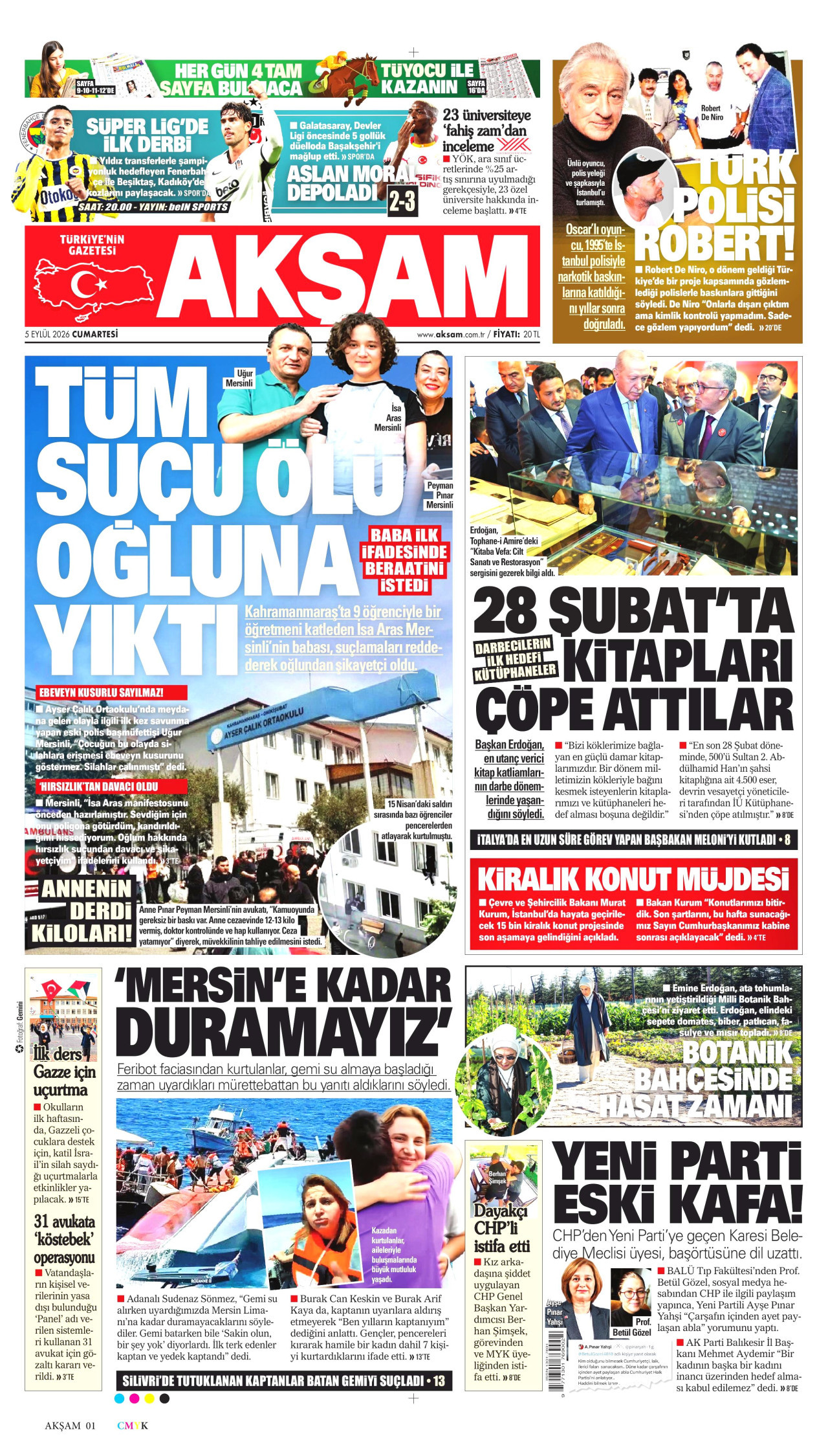 AKŞAM gazetesinin 5 Eylül 2026 tarihli birinci sayfası