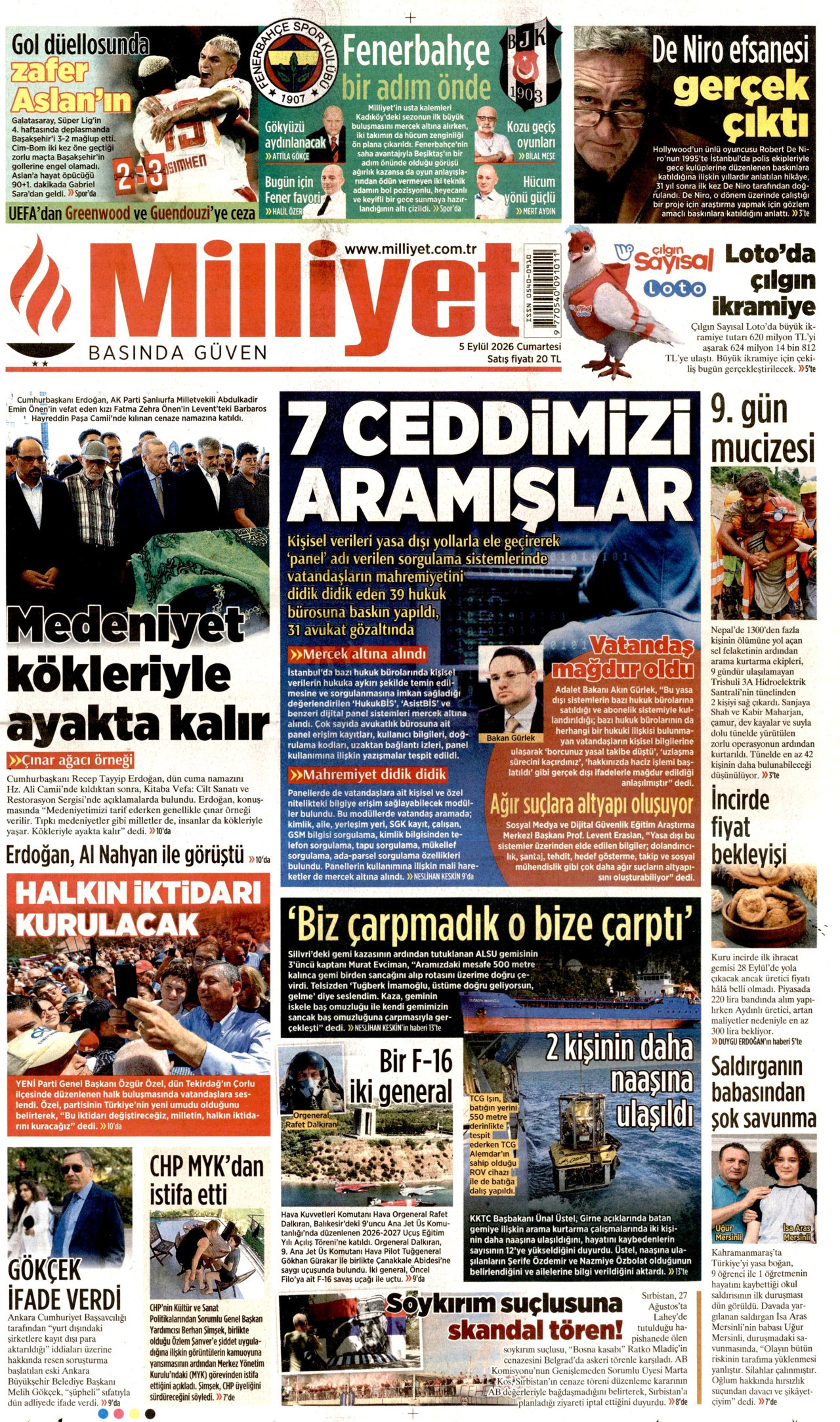 MİLLİYET gazetesinin 5 Eylül 2026 tarihli birinci sayfası