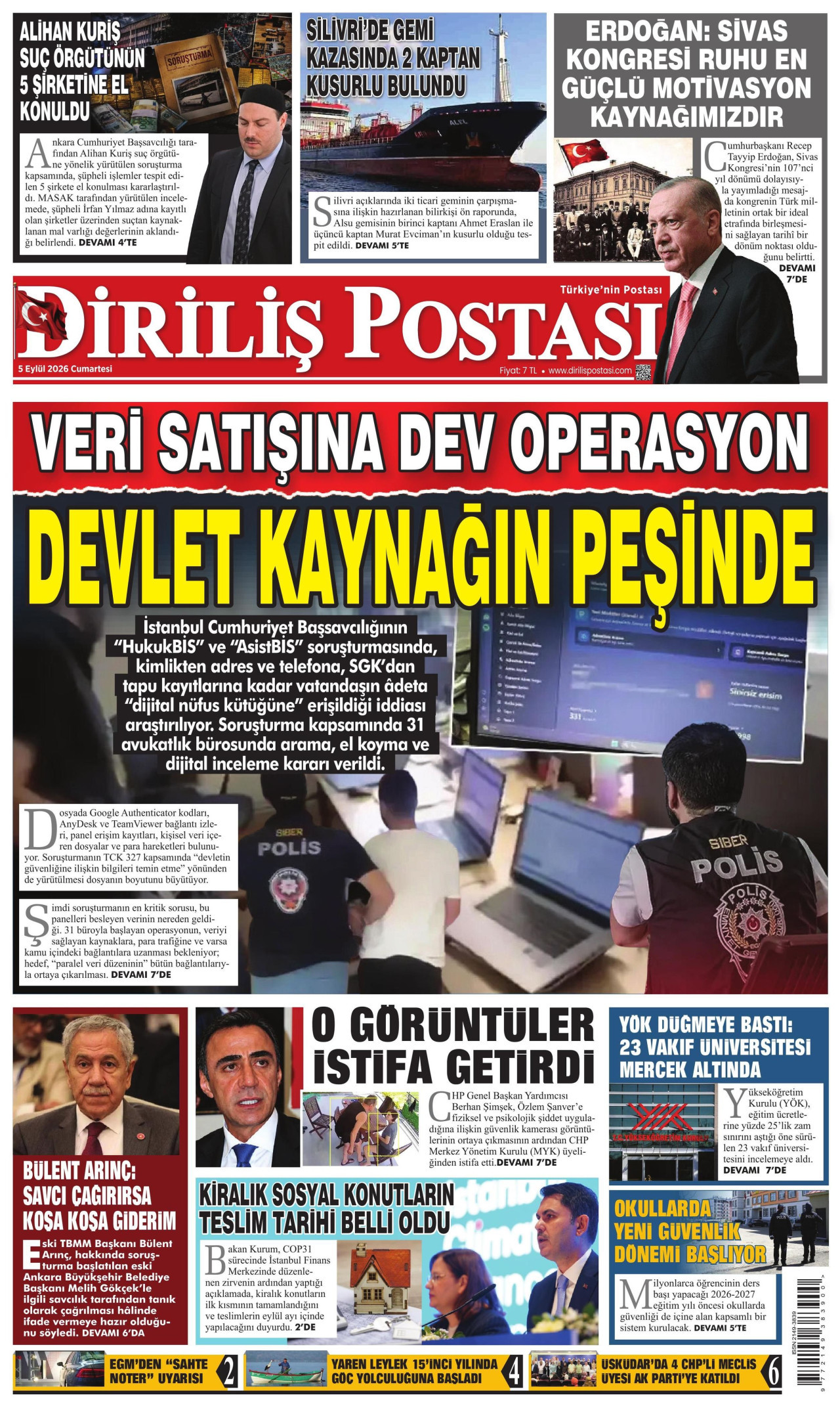 DİRİLİŞ POSTASI gazetesinin 5 Eylül 2026 tarihli birinci sayfası
