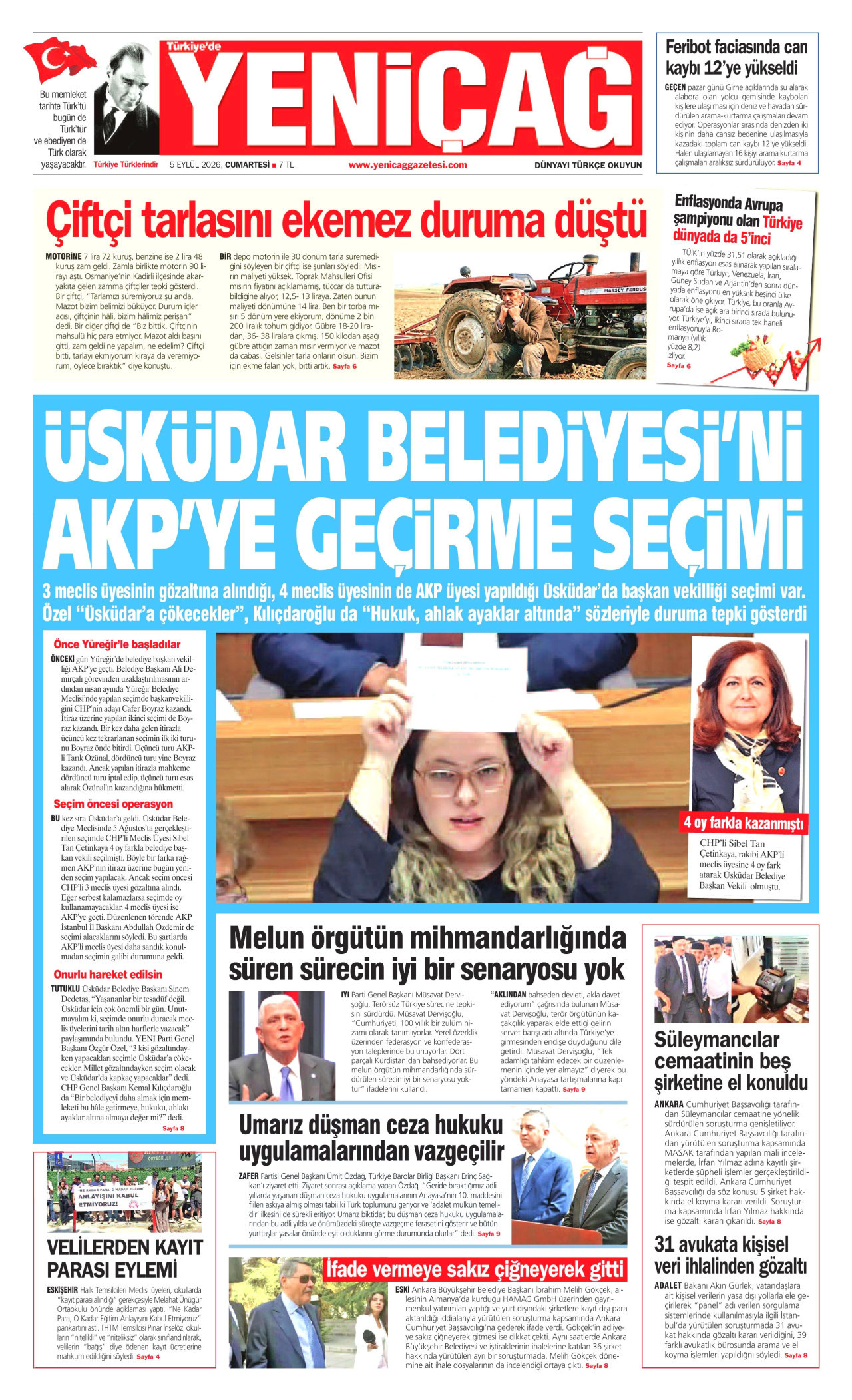 YENİÇAĞ gazetesinin 5 Eylül 2026 tarihli birinci sayfası