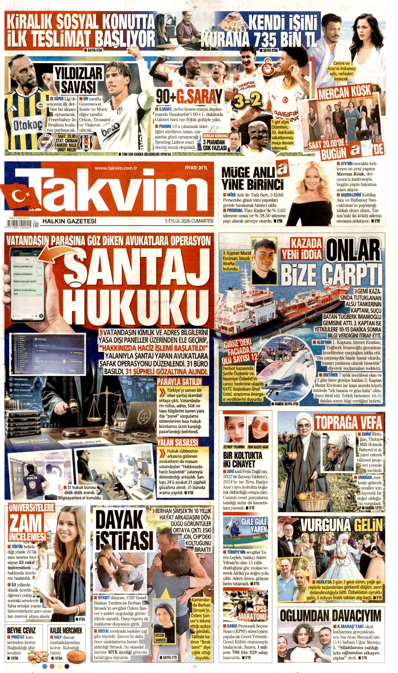 TAKVİM gazetesinin 5 Eylül 2026 tarihli birinci sayfası
