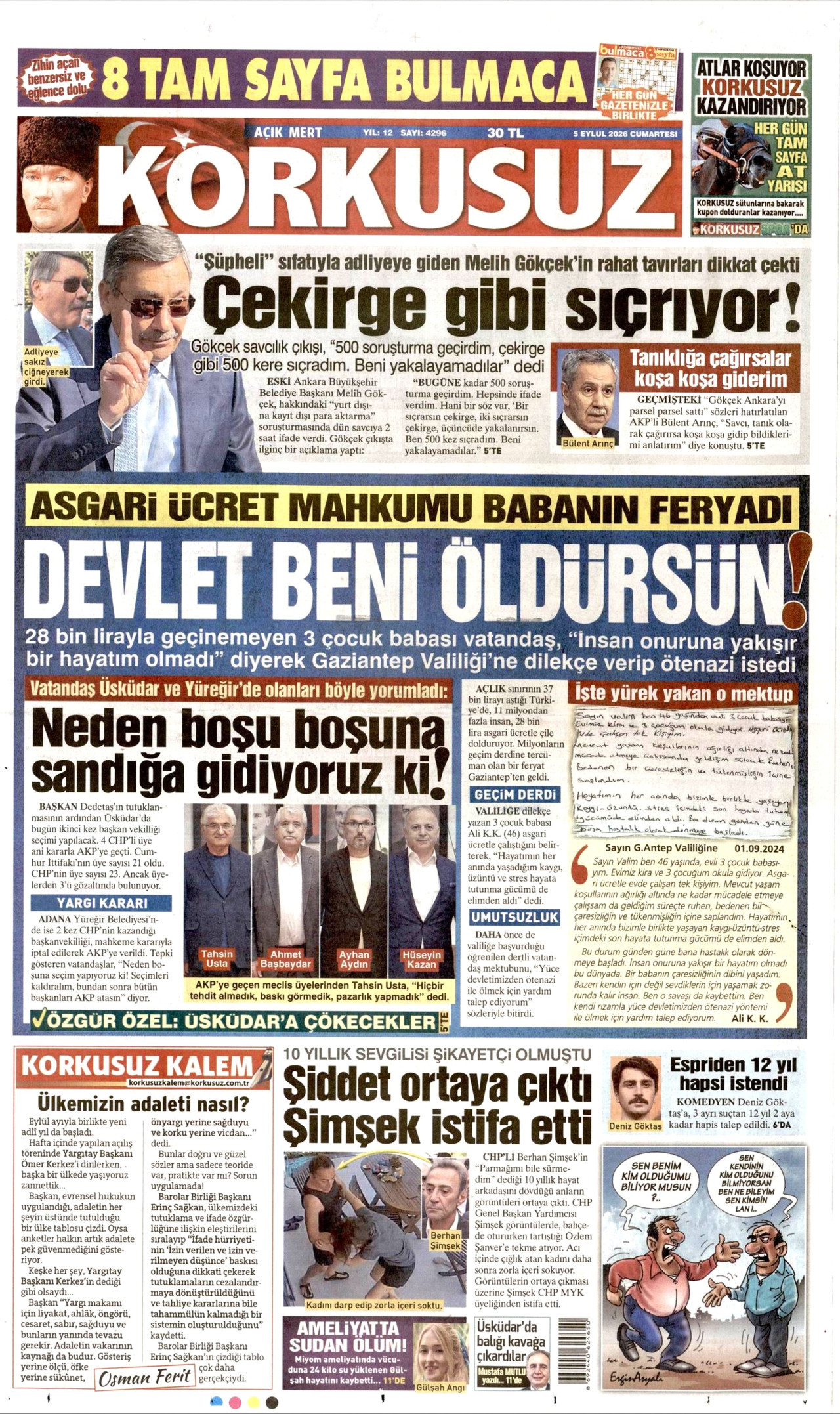 KORKUSUZ gazetesinin 5 Eylül 2026 tarihli birinci sayfası