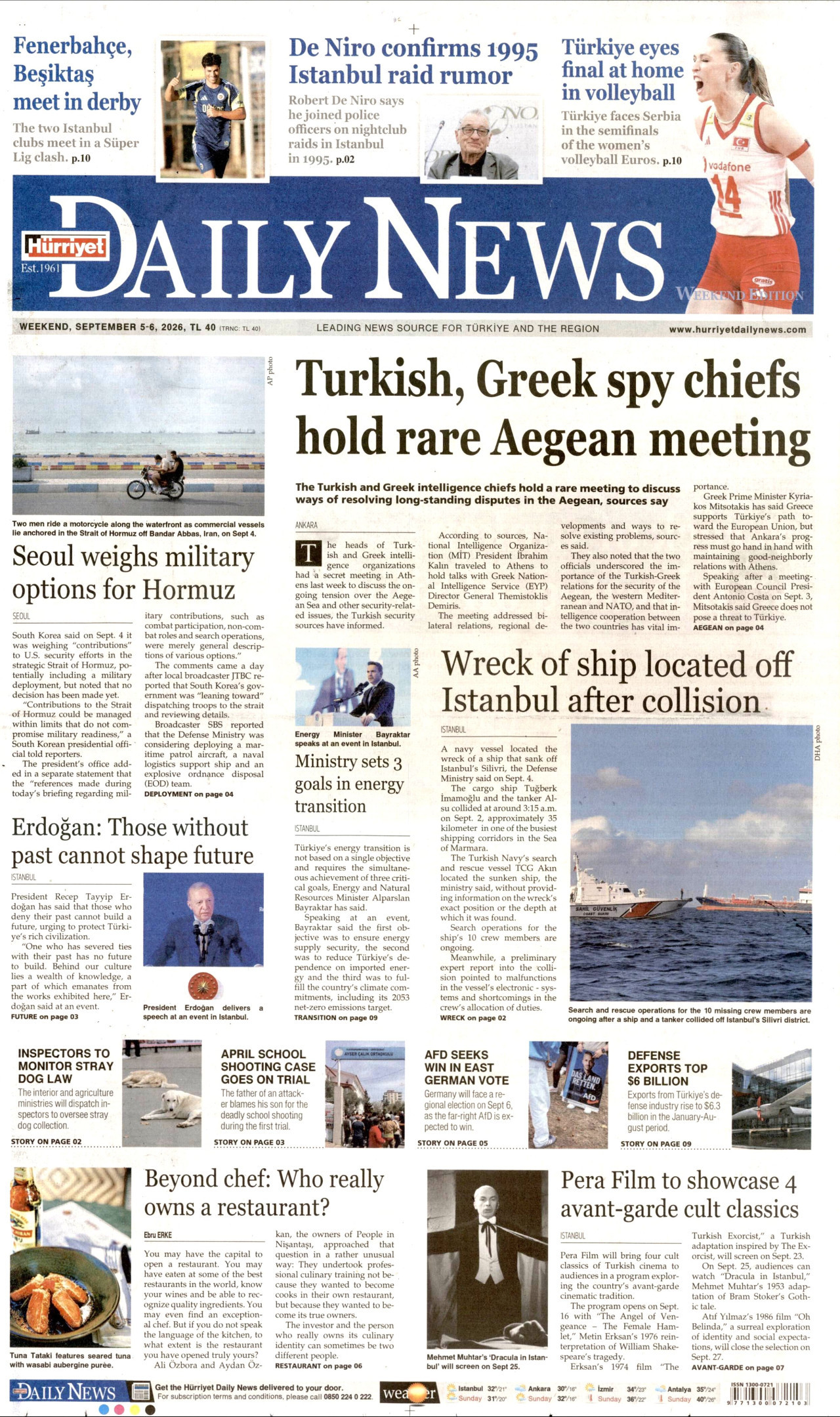 HÜRRİYET DAİLY NEWS gazetesinin 5 Eylül 2026 tarihli birinci sayfası