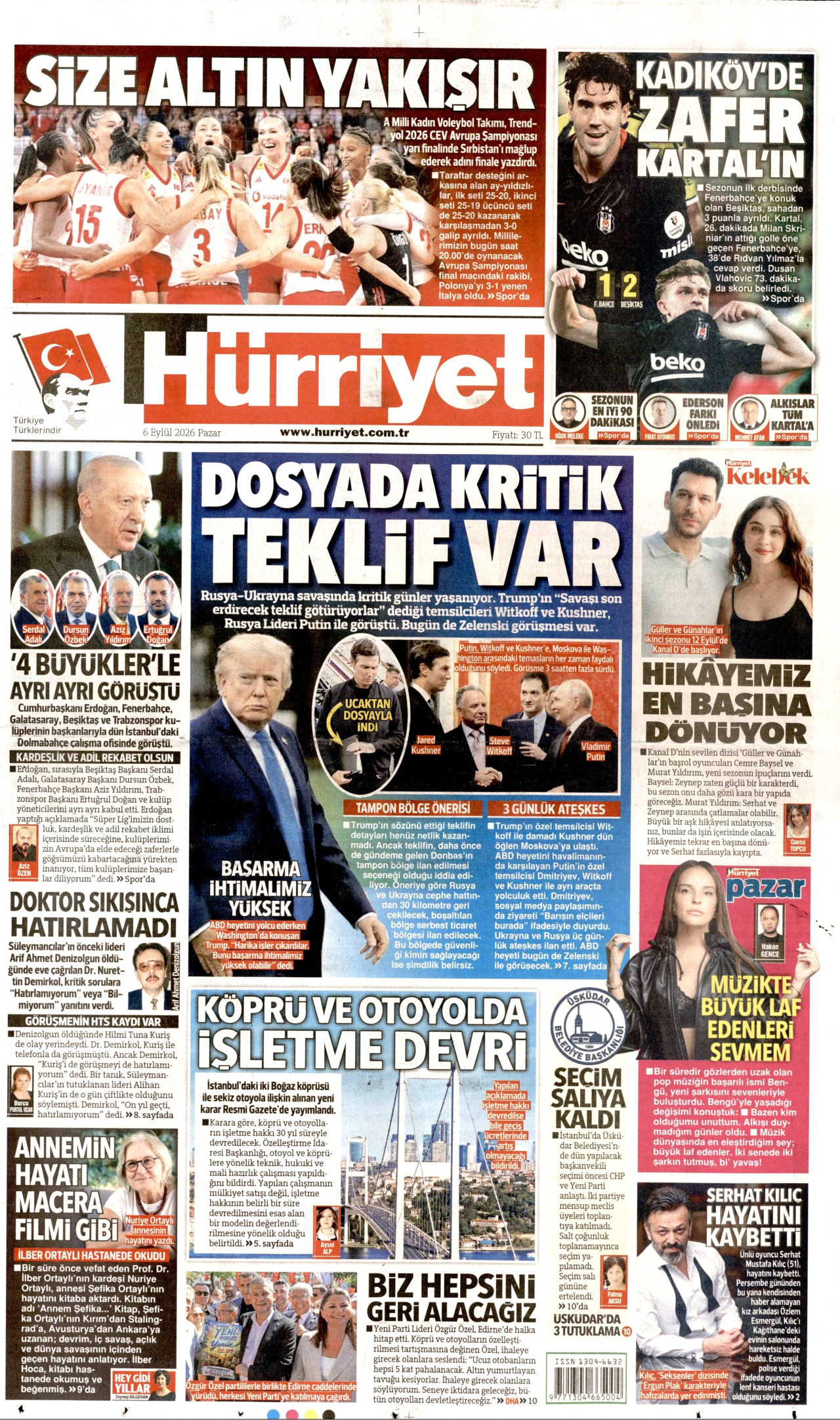 HÜRRİYET gazetesinin 6 Eylül 2026 tarihli birinci sayfası