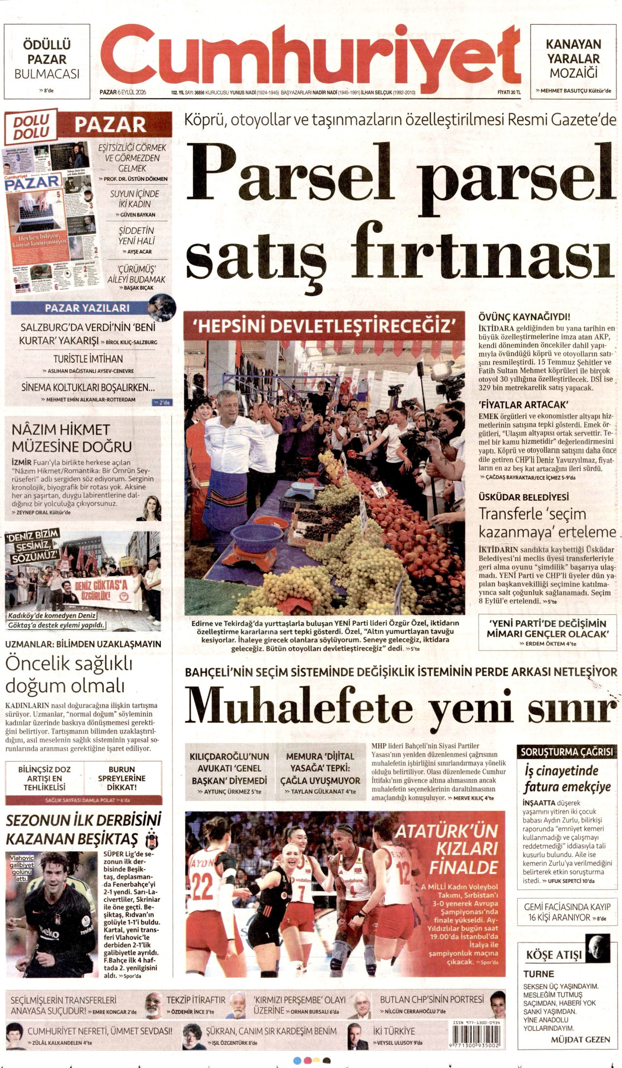CUMHURİYET gazetesinin 6 Eylül 2026 tarihli birinci sayfası