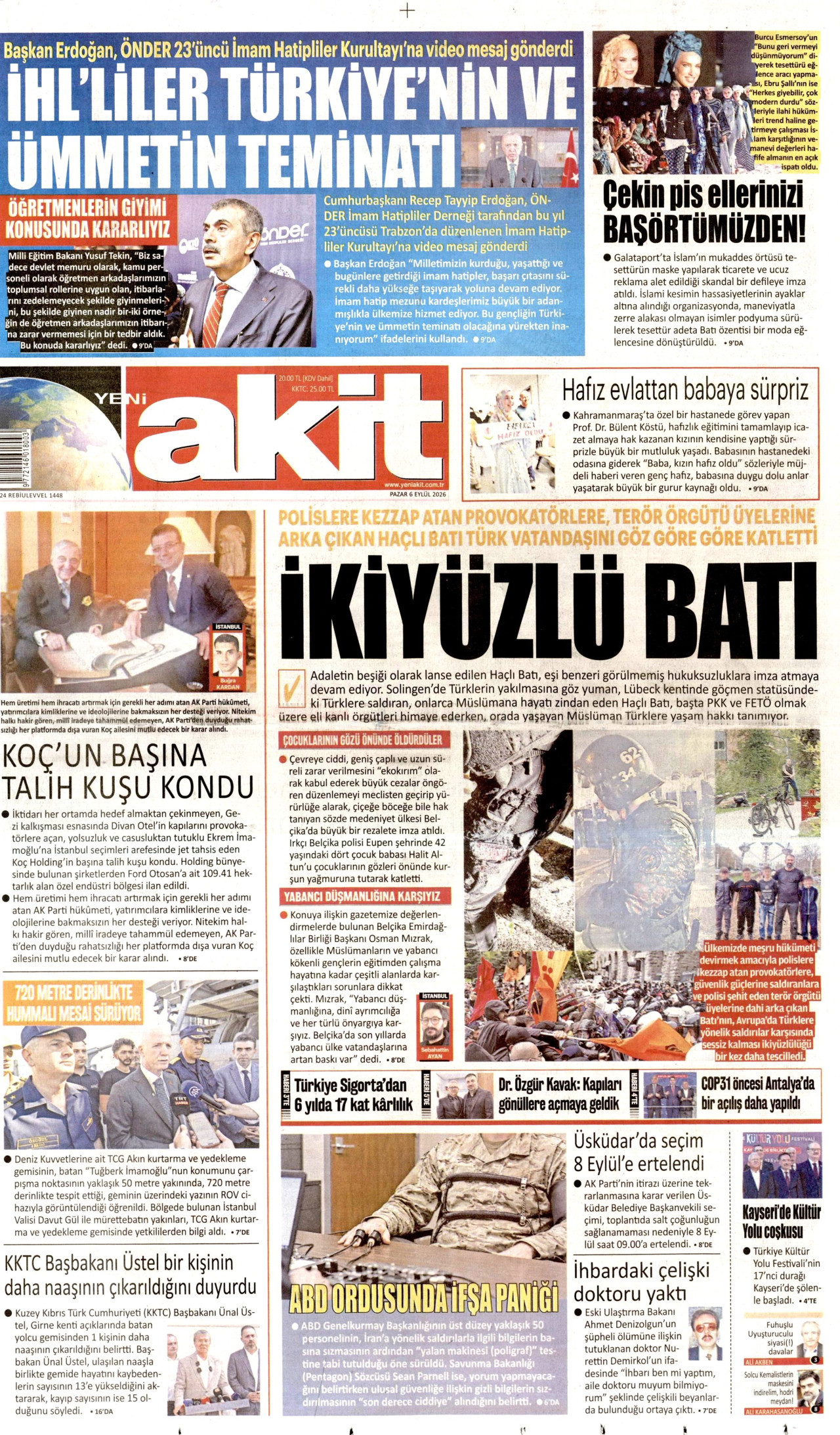 YENİ AKİT gazetesinin 6 Eylül 2026 tarihli birinci sayfası
