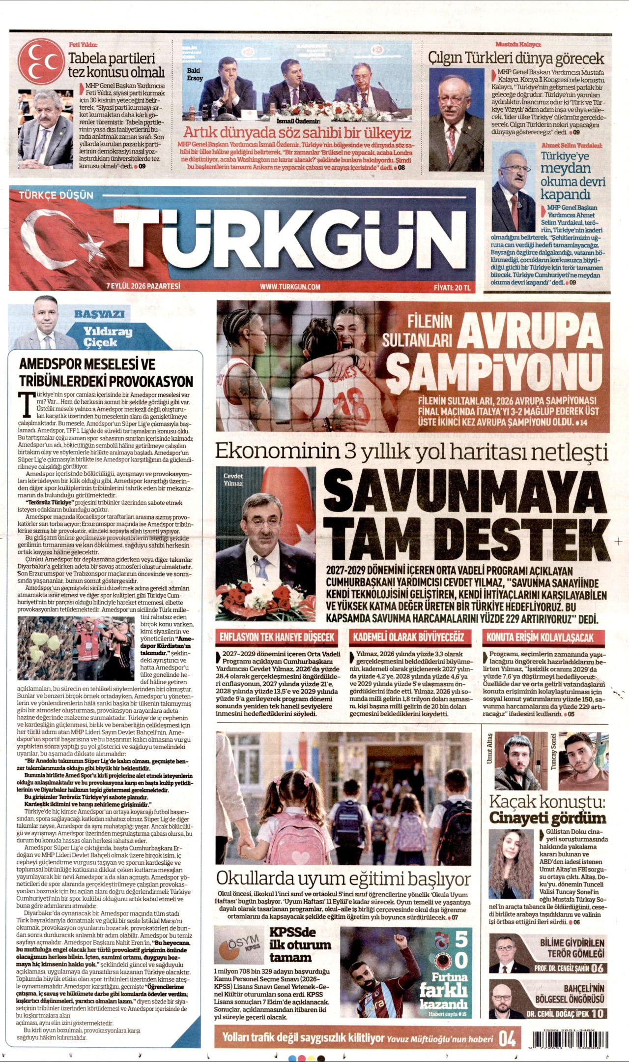 TÜRKGÜN gazetesinin 7 Eylül 2026 tarihli birinci sayfası