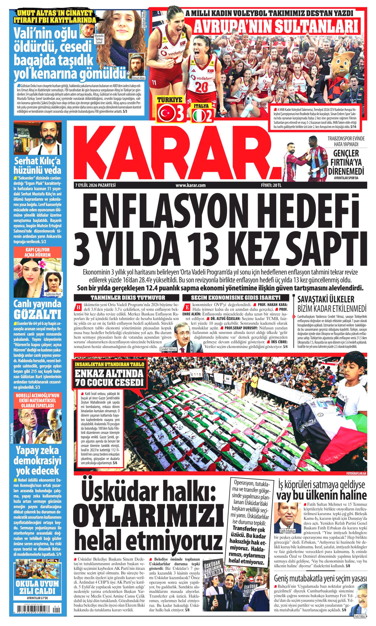 KARAR gazetesinin 7 Eylül 2026 tarihli birinci sayfası
