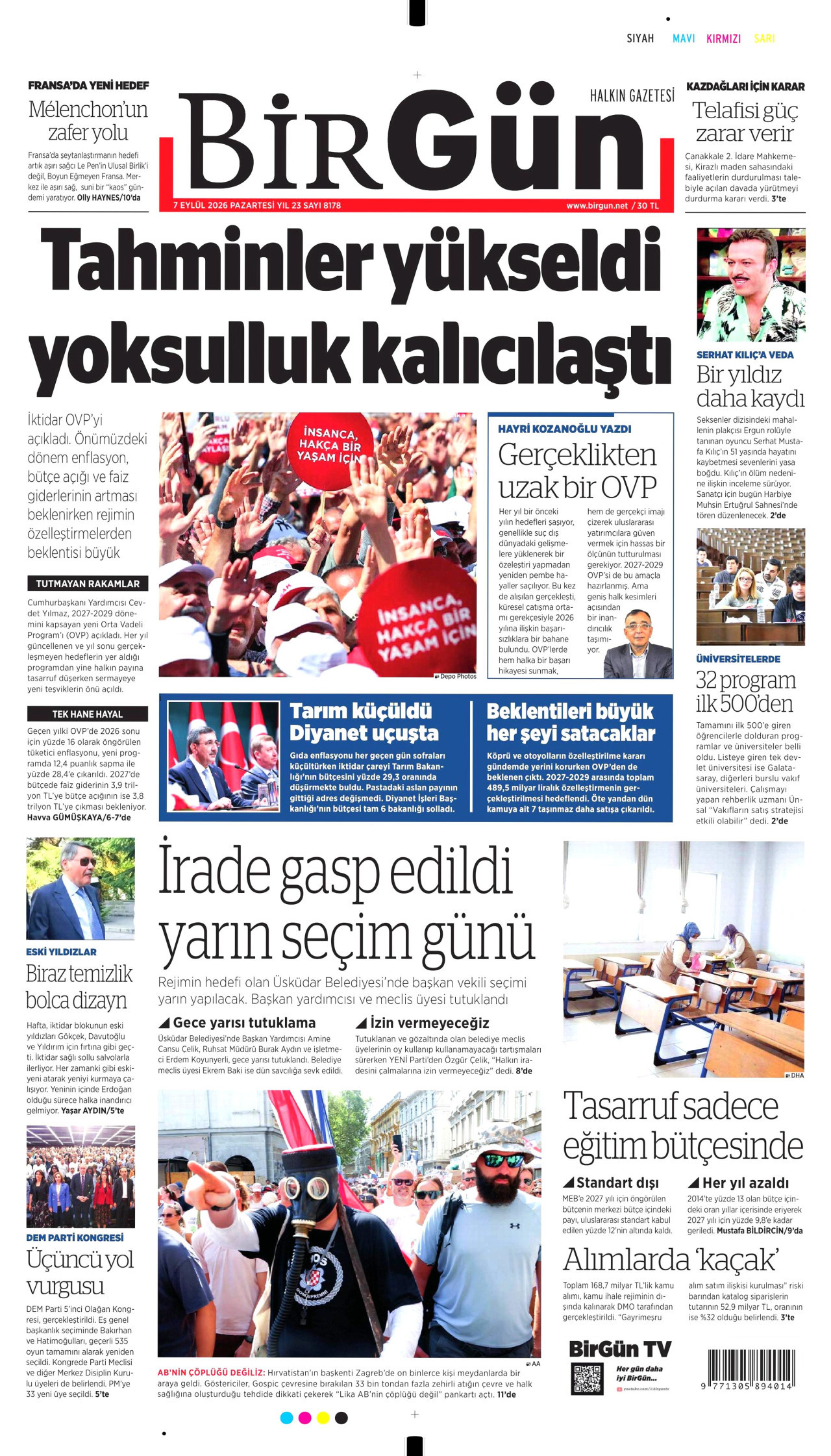 BİRGÜN gazetesinin 7 Eylül 2026 tarihli birinci sayfası