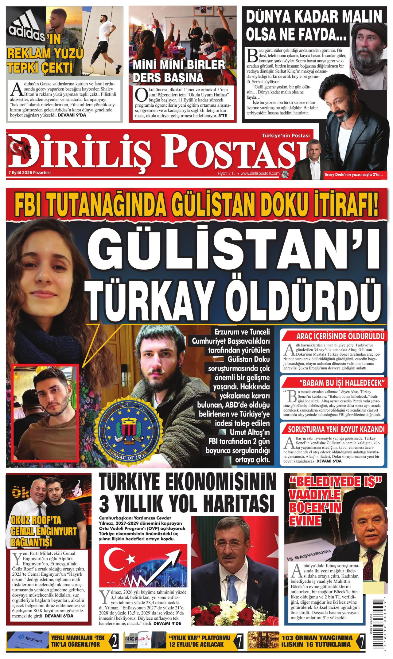 DİRİLİŞ POSTASI gazetesinin 7 Eylül 2026 tarihli birinci sayfası