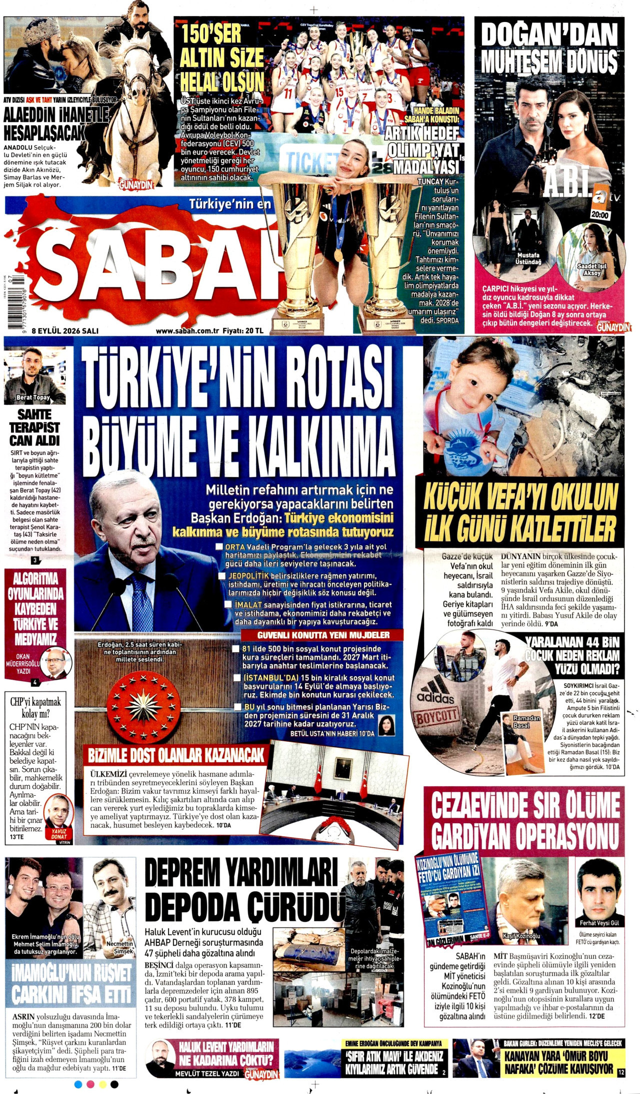 SABAH gazetesinin 8 Eylül 2026 tarihli birinci sayfası