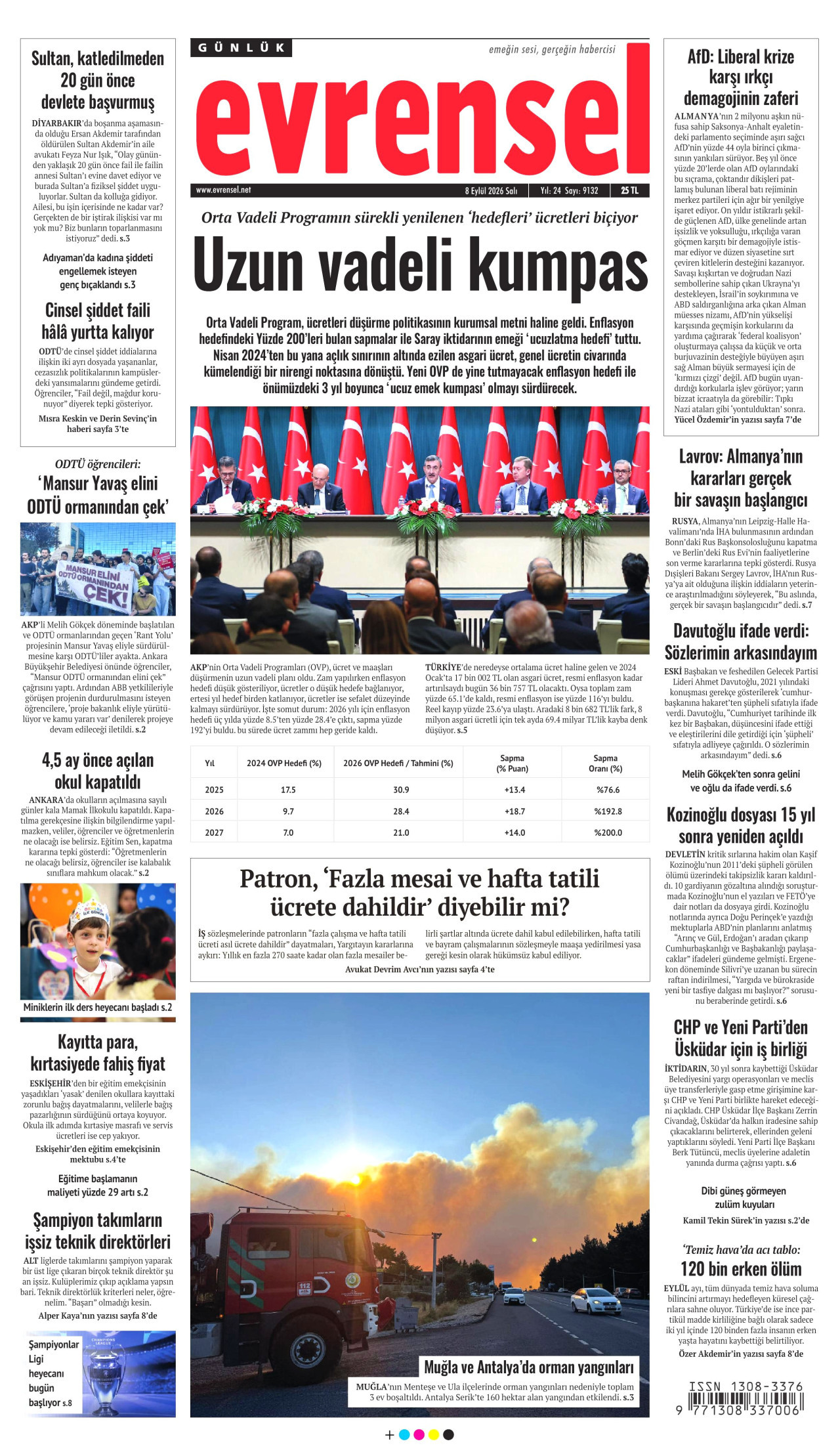 EVRENSEL gazetesinin 8 Eylül 2026 tarihli birinci sayfası