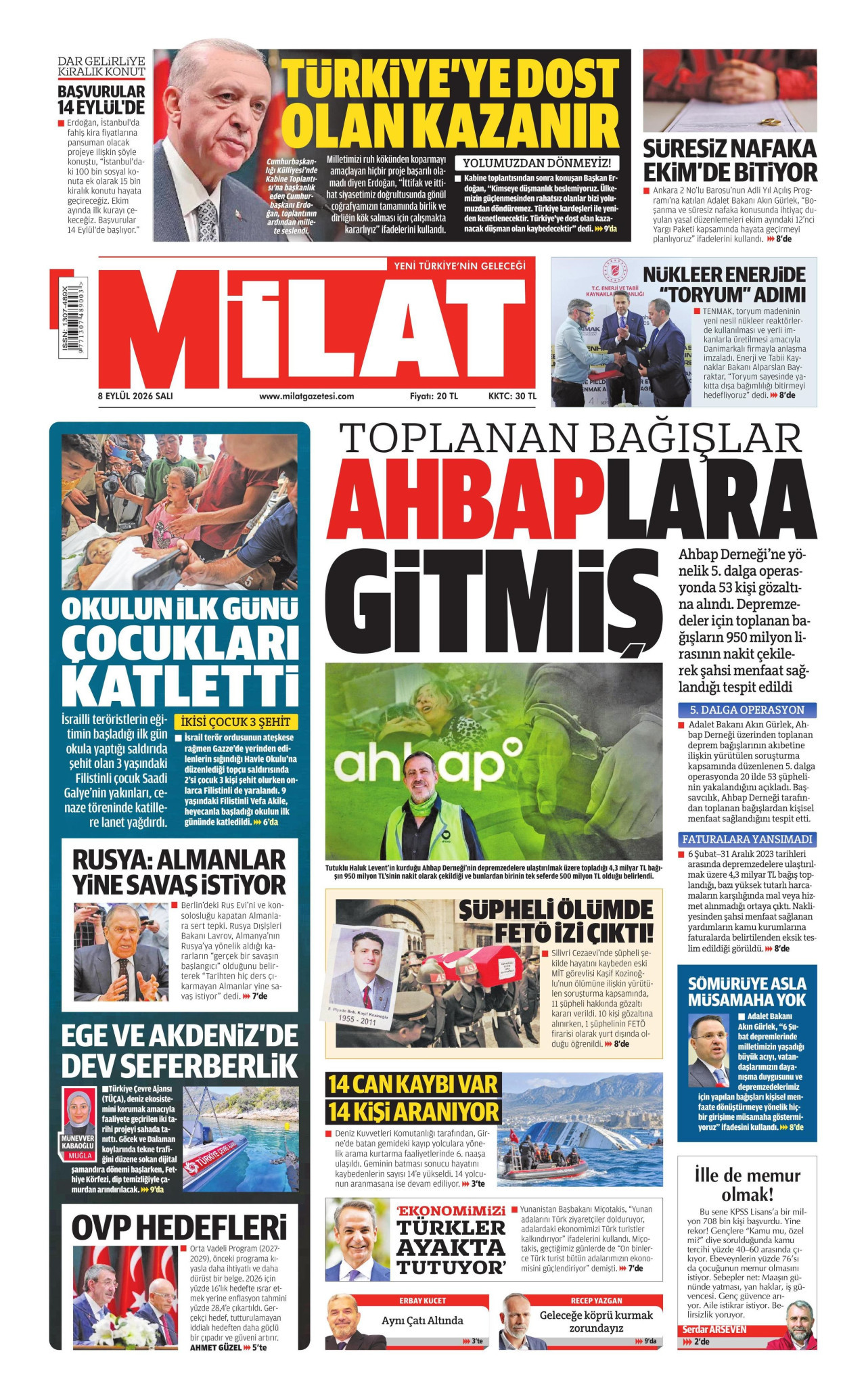 MİLAT gazetesinin 8 Eylül 2026 tarihli birinci sayfası