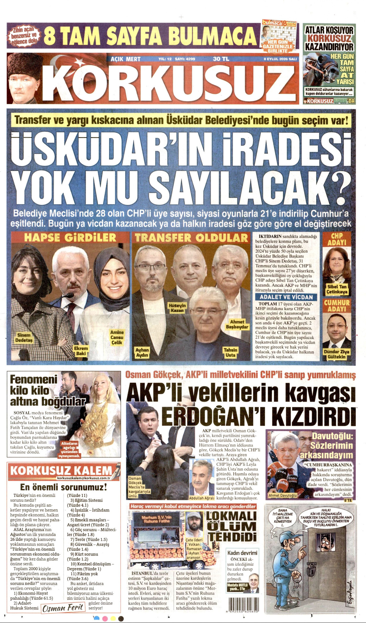 KORKUSUZ gazetesinin 8 Eylül 2026 tarihli birinci sayfası