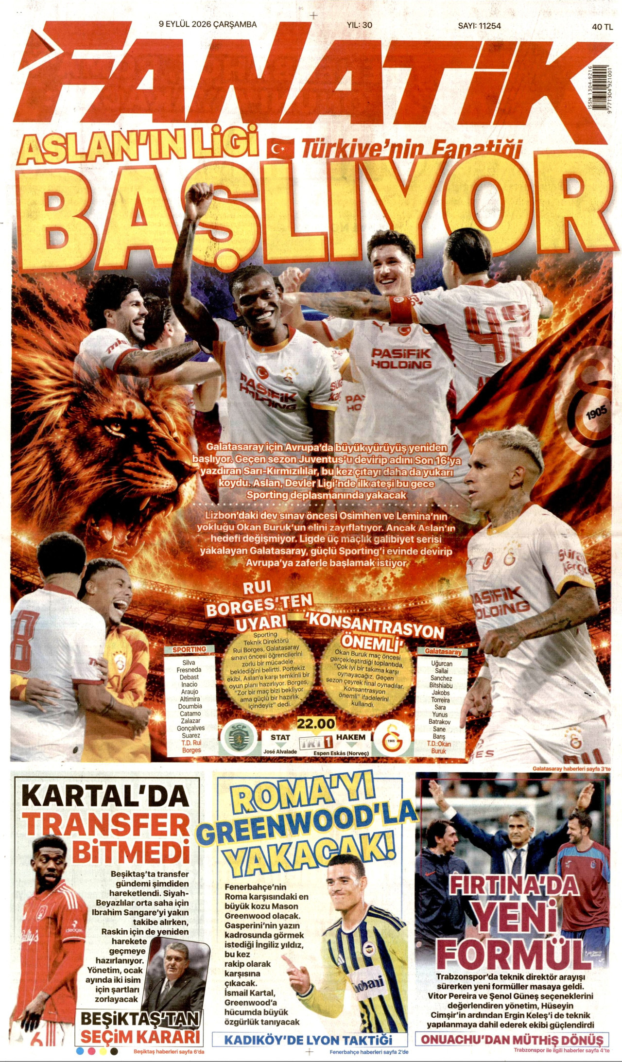 FANATİK 9 Eylül 2026 Gazete Manşeti Büyük