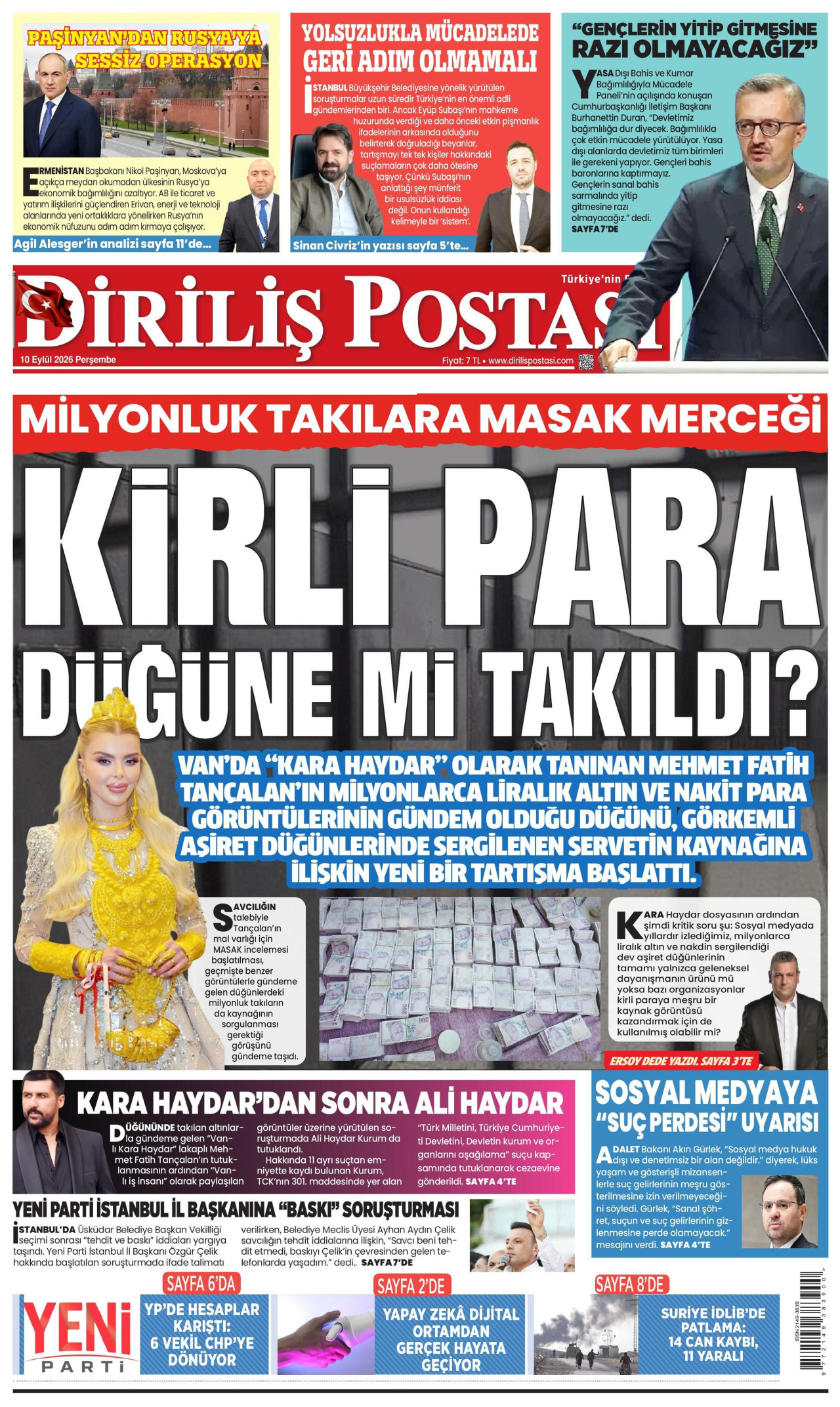 DİRİLİŞ POSTASI gazetesinin 10 Eylül 2026 tarihli birinci sayfası