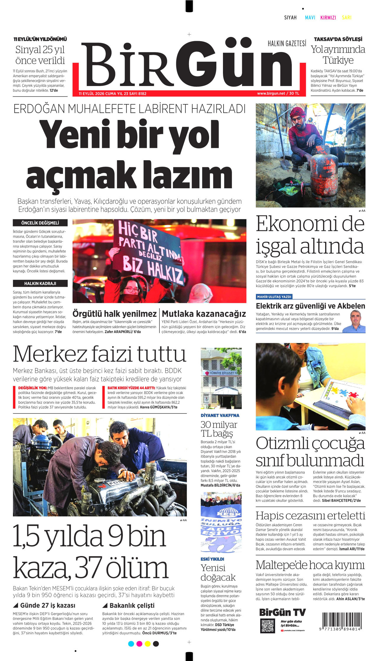 BİRGÜN gazetesinin 11 Eylül 2026 tarihli birinci sayfası