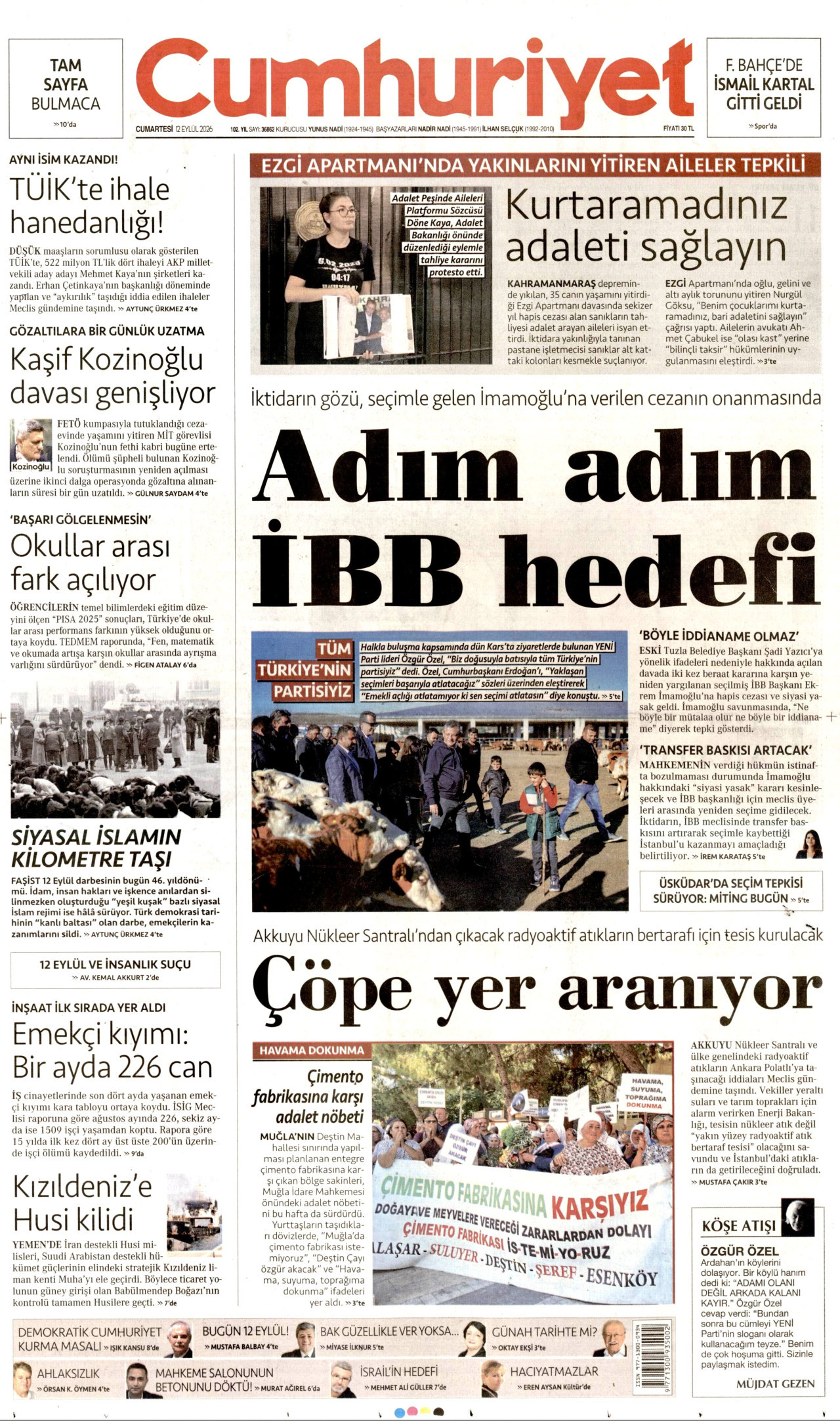 CUMHURİYET 12 Eylül 2026 Gazete Manşeti Büyük