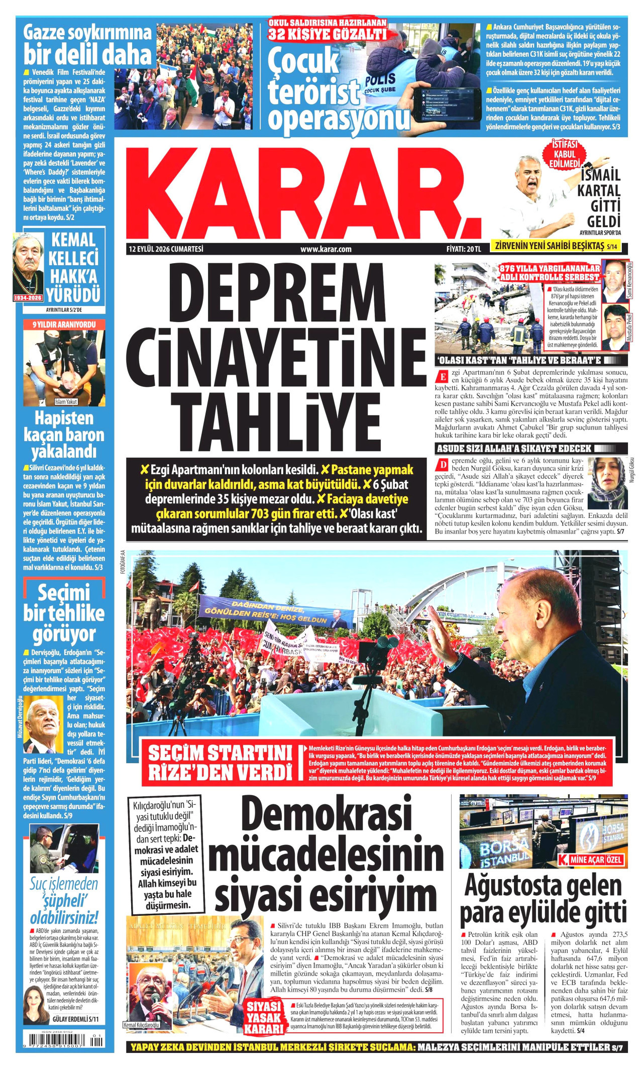 KARAR 12 Eylül 2026 Gazete Manşeti Büyük