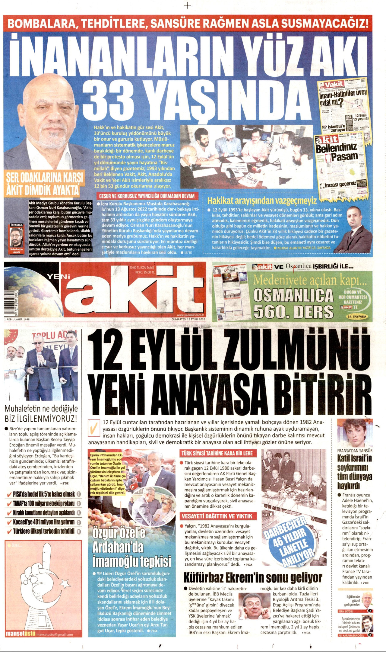 YENİ AKİT 12 Eylül 2026 Gazete Manşeti Büyük