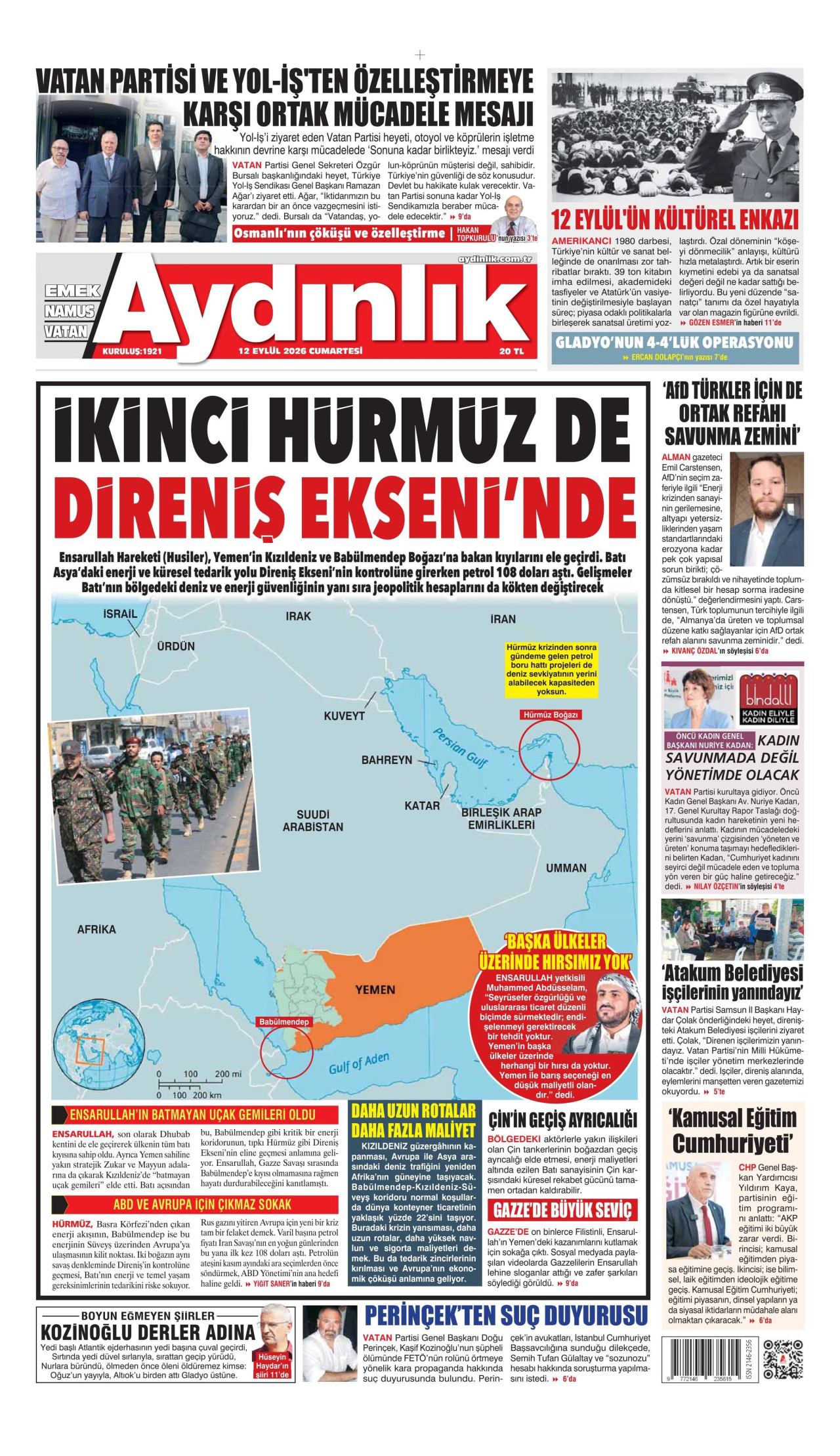 AYDINLIK GAZETESİ 12 Eylül 2026 Gazete Manşeti Büyük