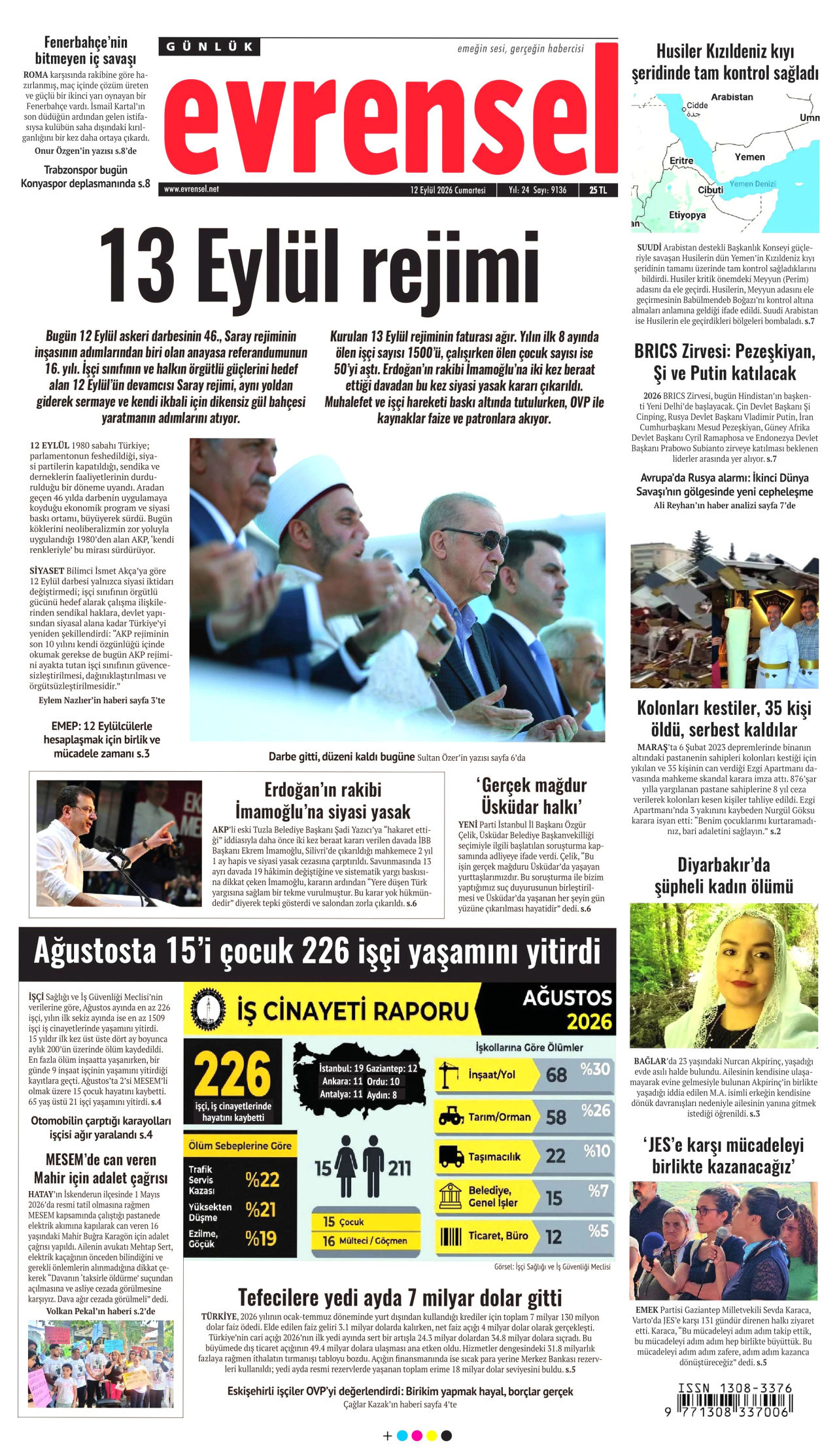 EVRENSEL 12 Eylül 2026 Gazete Manşeti Büyük