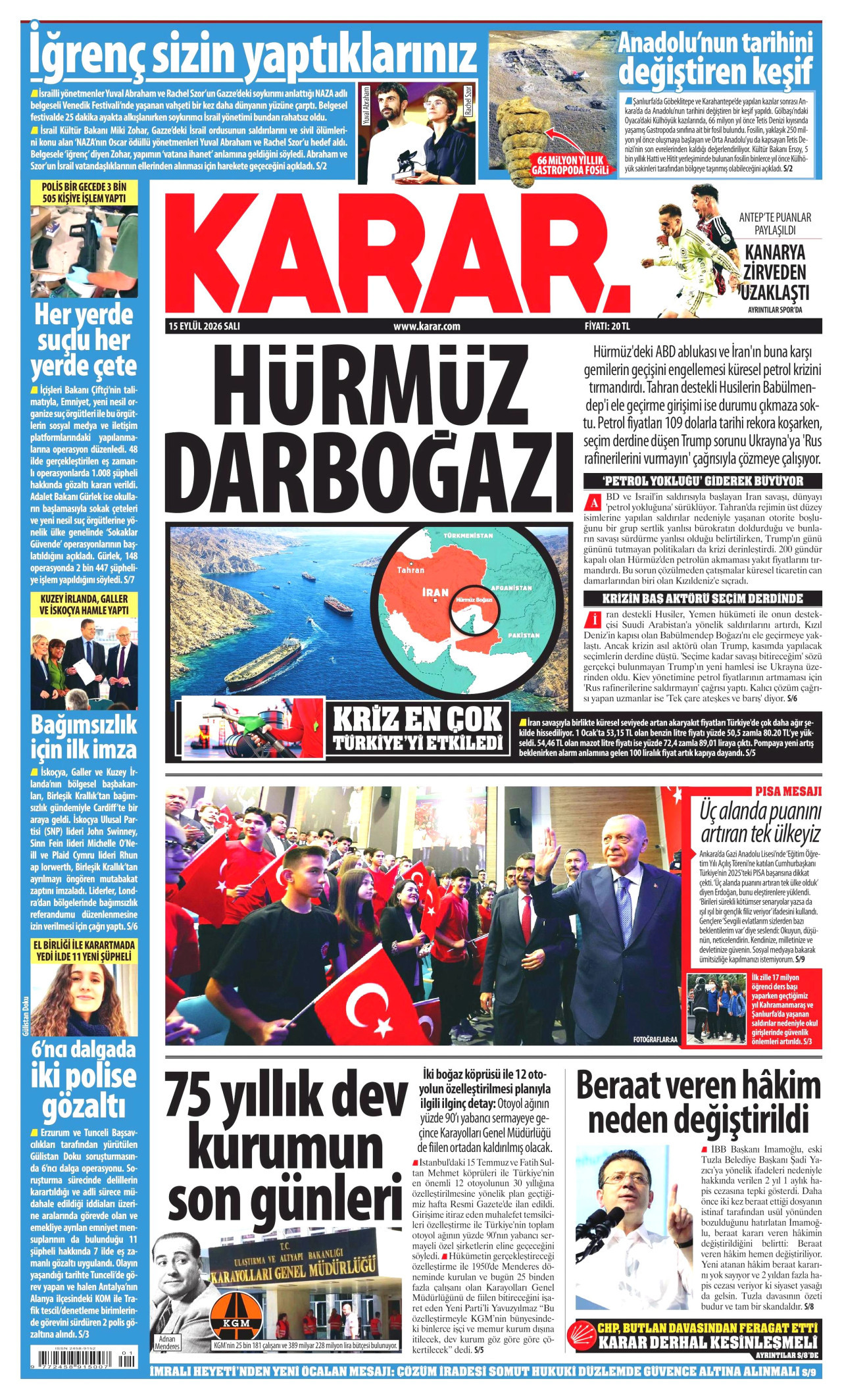KARAR 15 Eylül 2026 Gazete Manşeti Büyük
