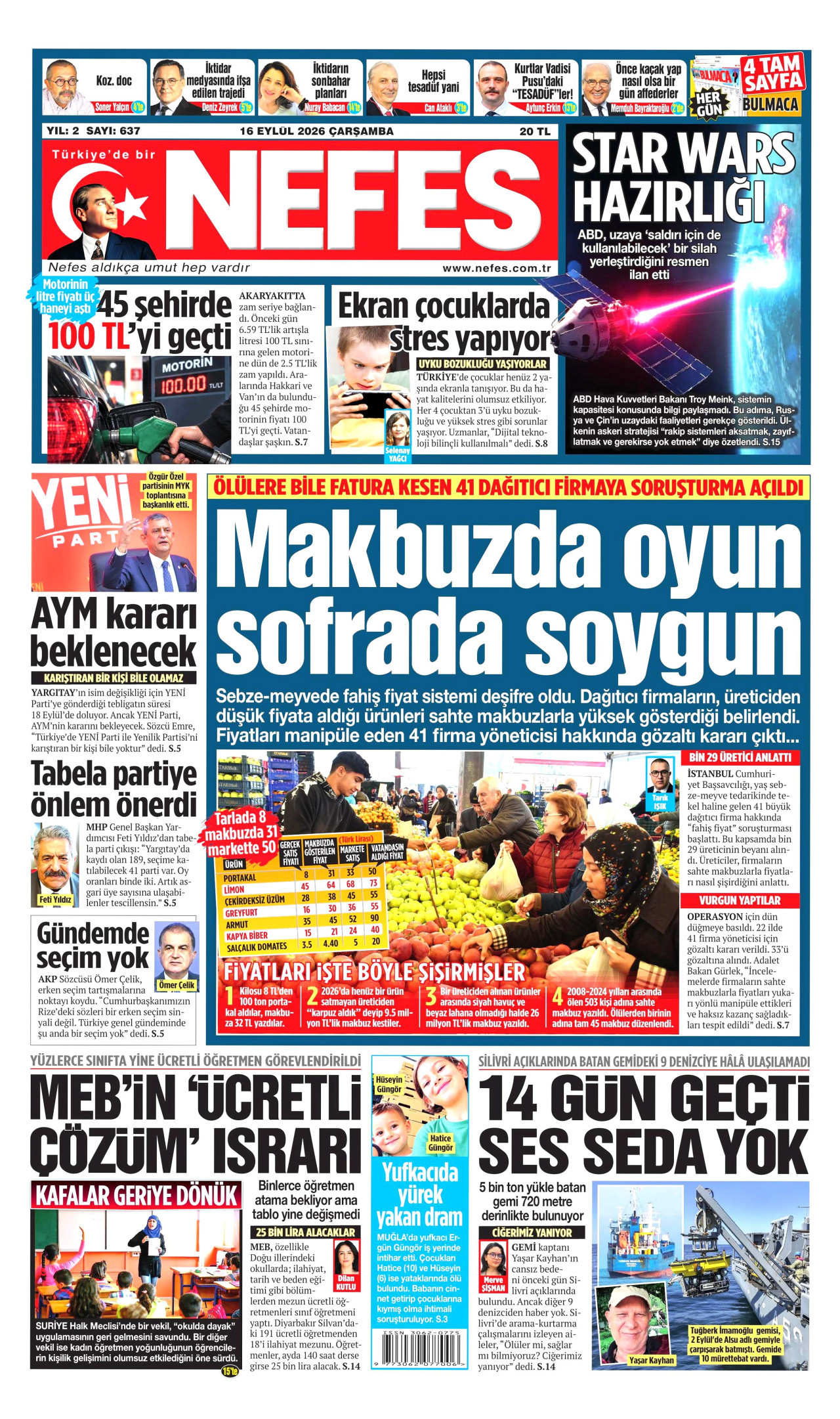 NEFES gazetesinin 16 Eylül 2026 tarihli birinci sayfası