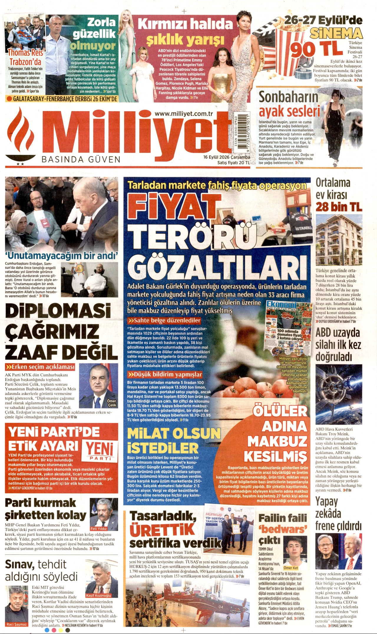 MİLLİYET gazetesinin 16 Eylül 2026 tarihli birinci sayfası