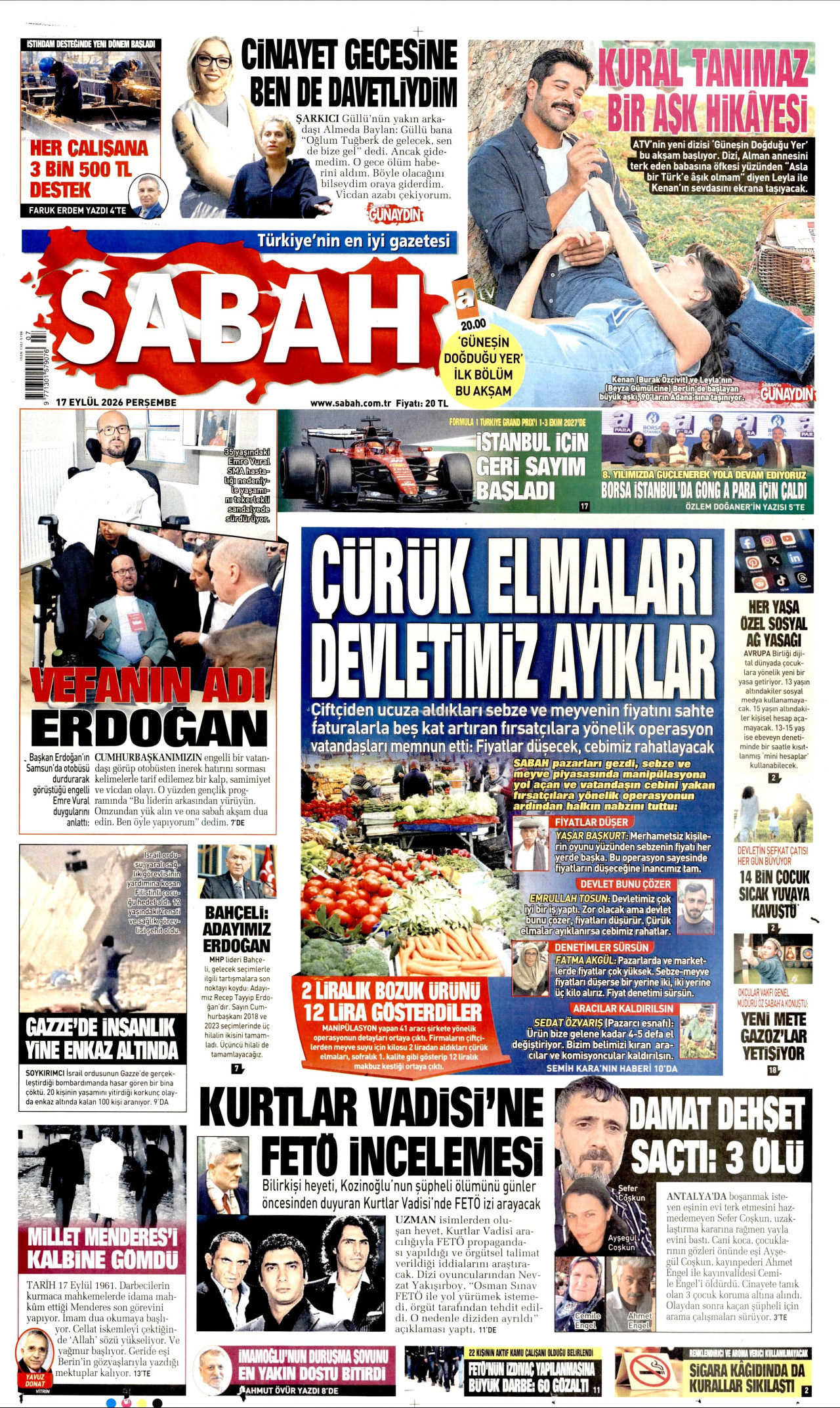SABAH gazetesinin 17 Eylül 2026 tarihli birinci sayfası