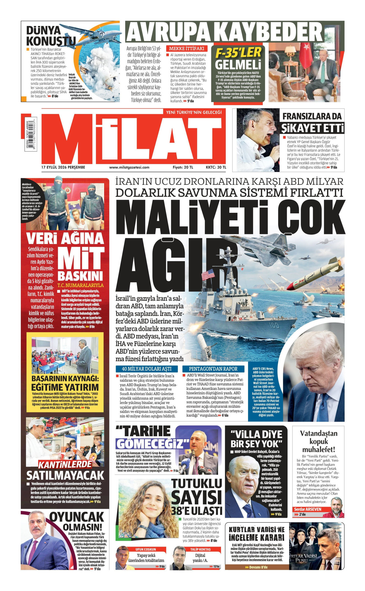 MİLAT gazetesinin 17 Eylül 2026 tarihli birinci sayfası